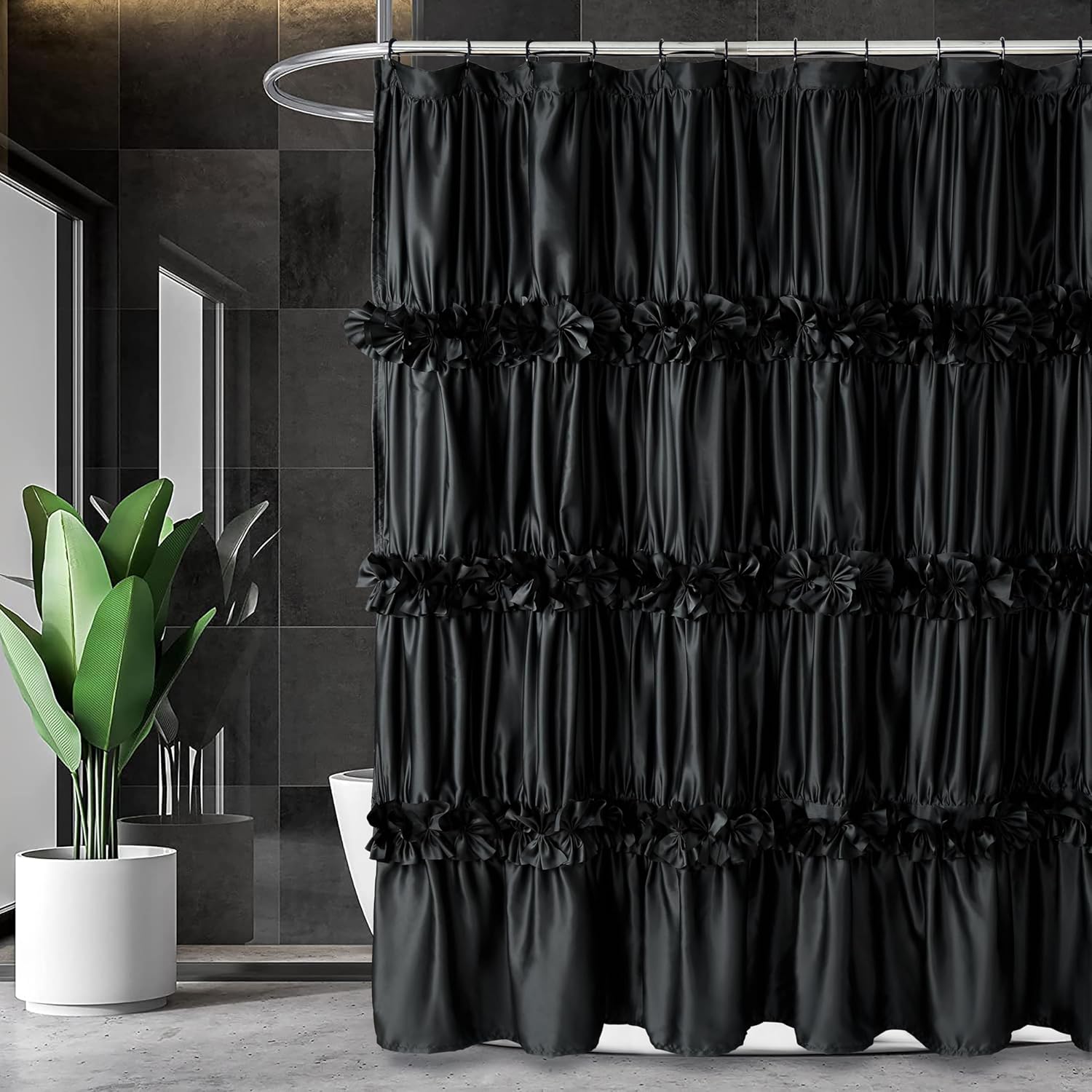 Black Ruffle Shower Curtain for Vintage Chic Bathroom Decor