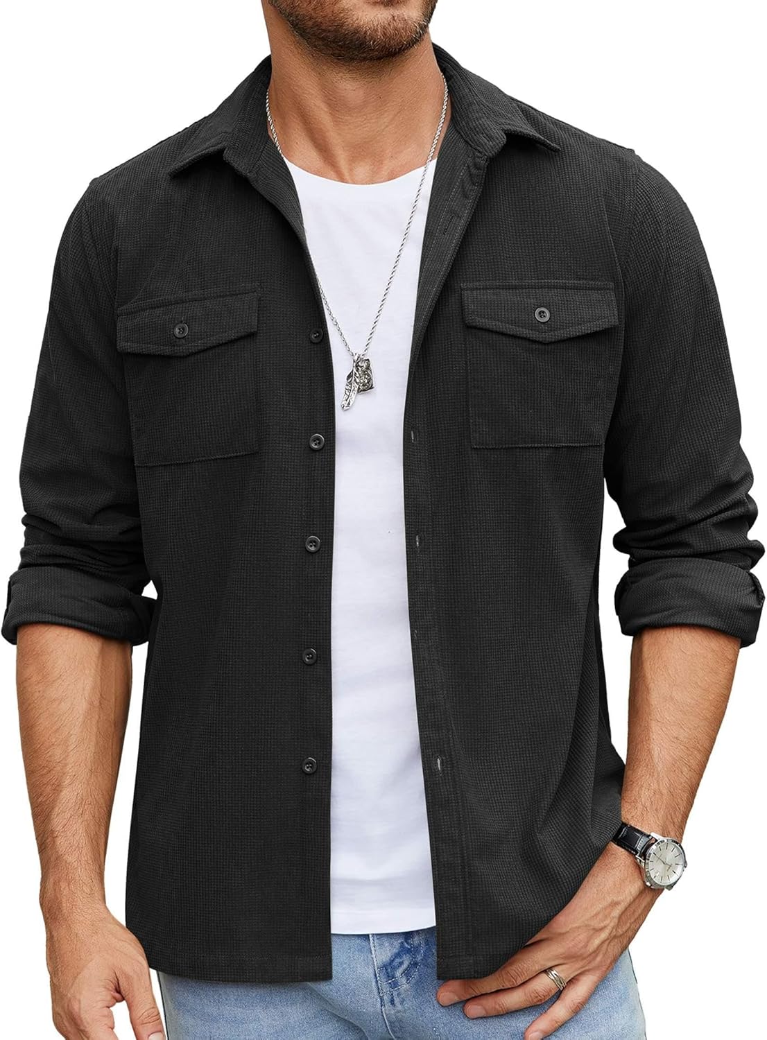 COOFANDY Men's Button Down Waffle Shirt Jacket for All Seasons