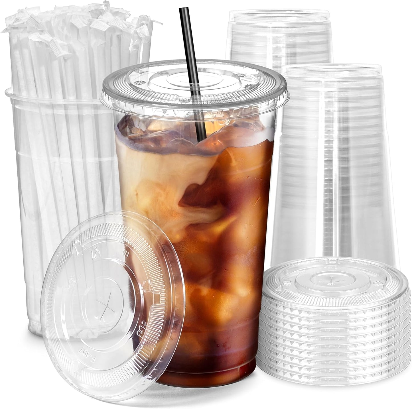 Durable 32 oz Plastic Iced Coffee Cups with Lids and Straws