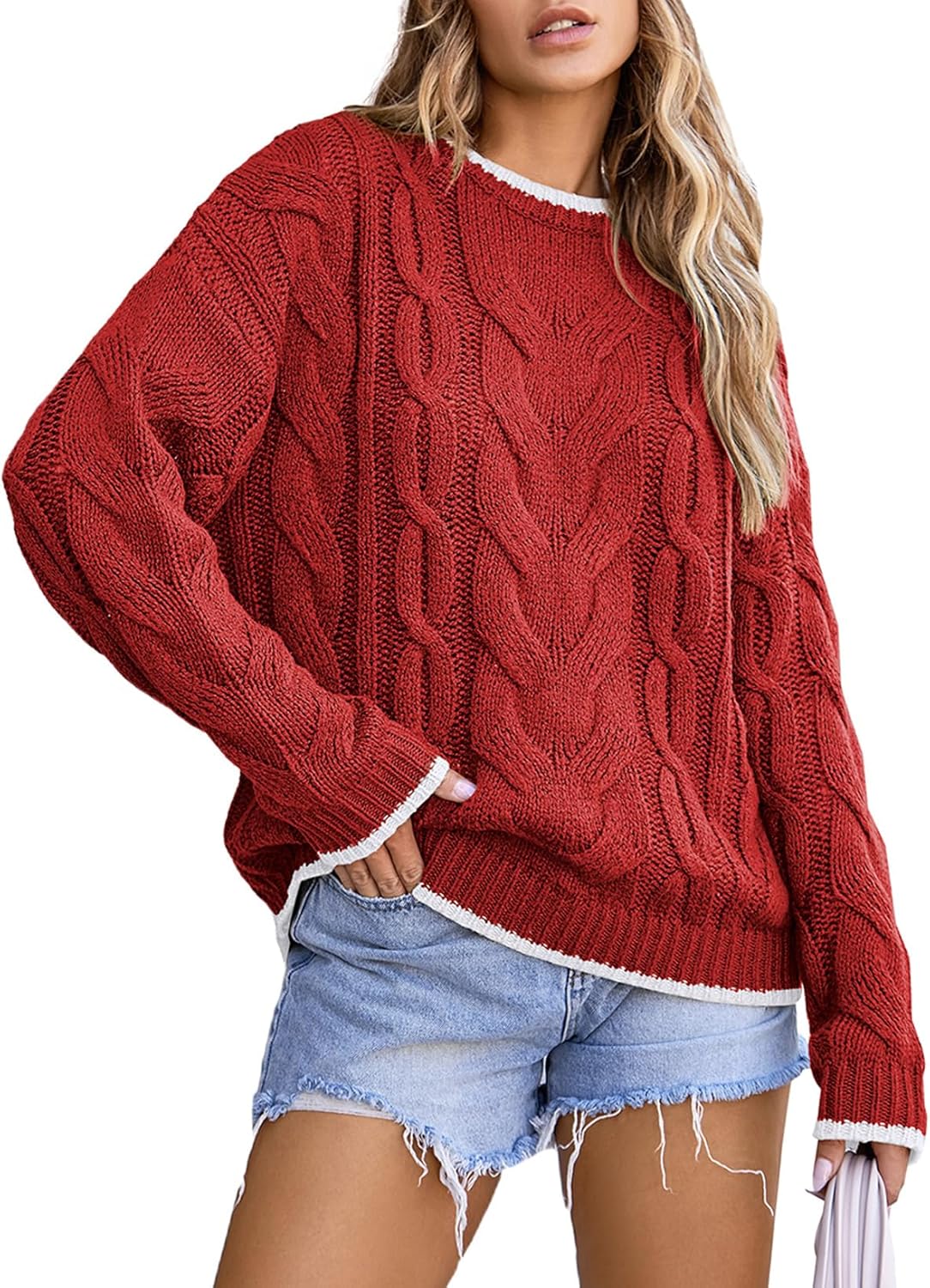 Trendy Crewneck Long Sleeve Color Block Sweater for Women