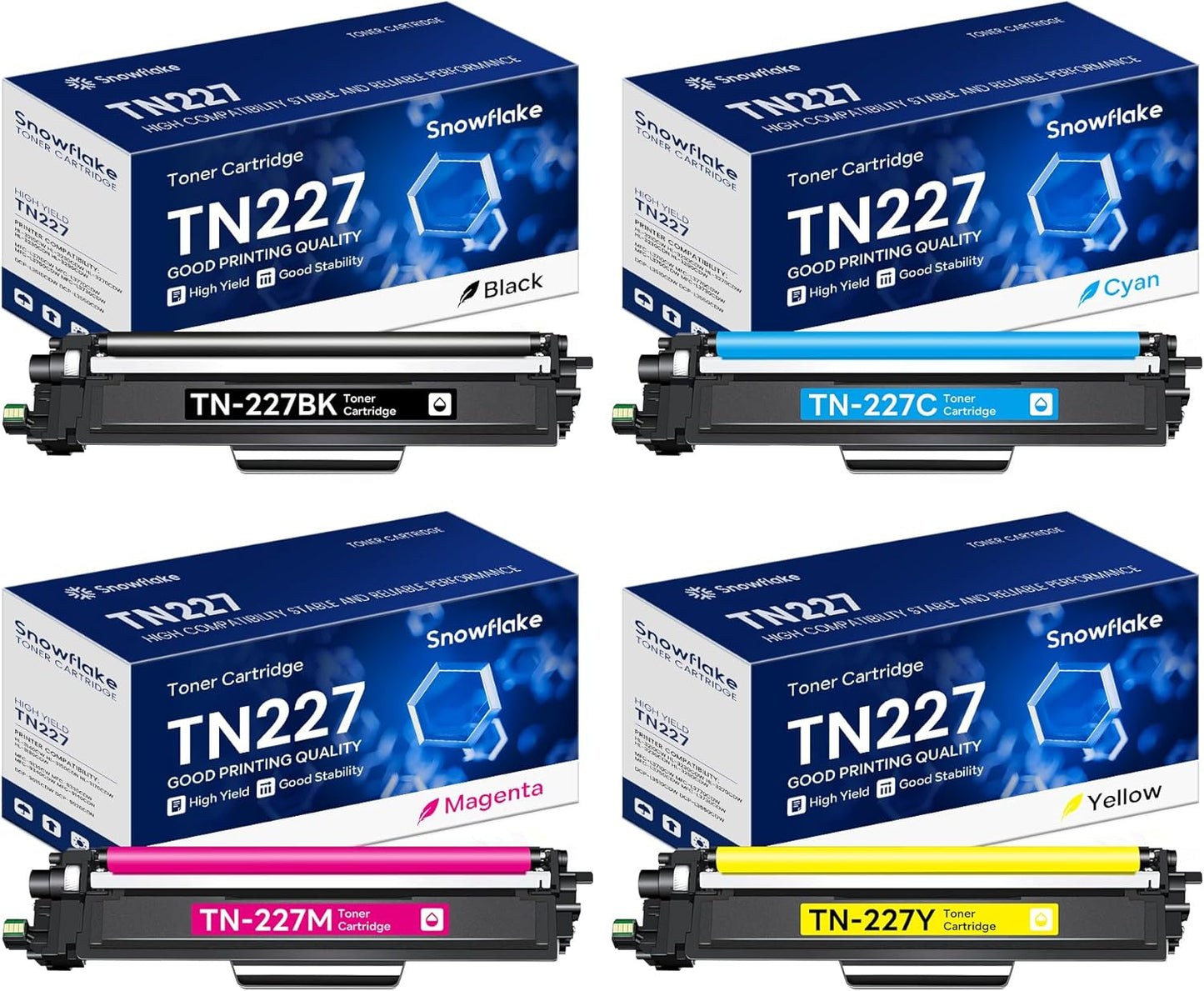 High Yield TN-227 Toner Cartridge 4 Pack for Brother Printers