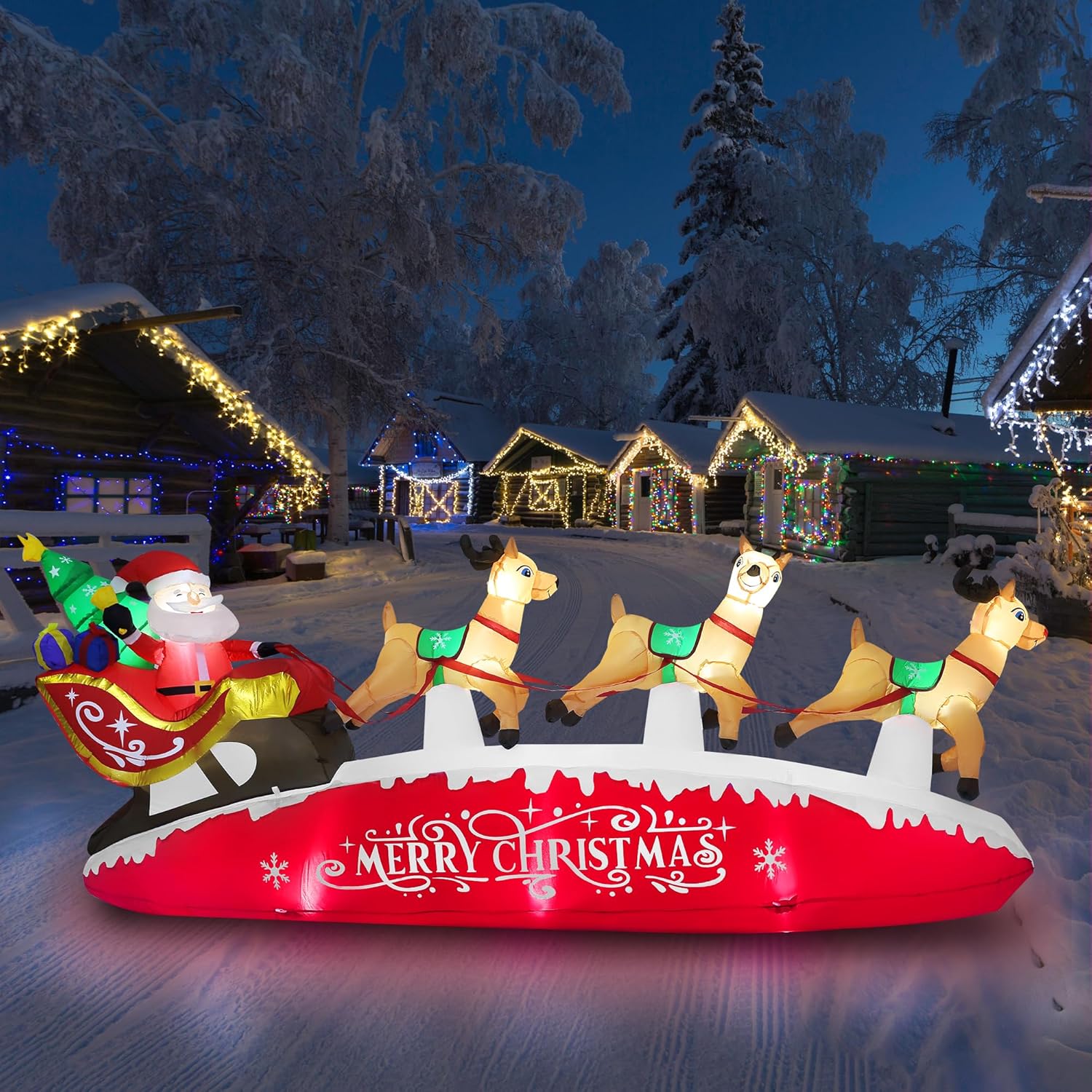 10 FT Santa Sleigh with Reindeer Christmas Inflatables for Yard