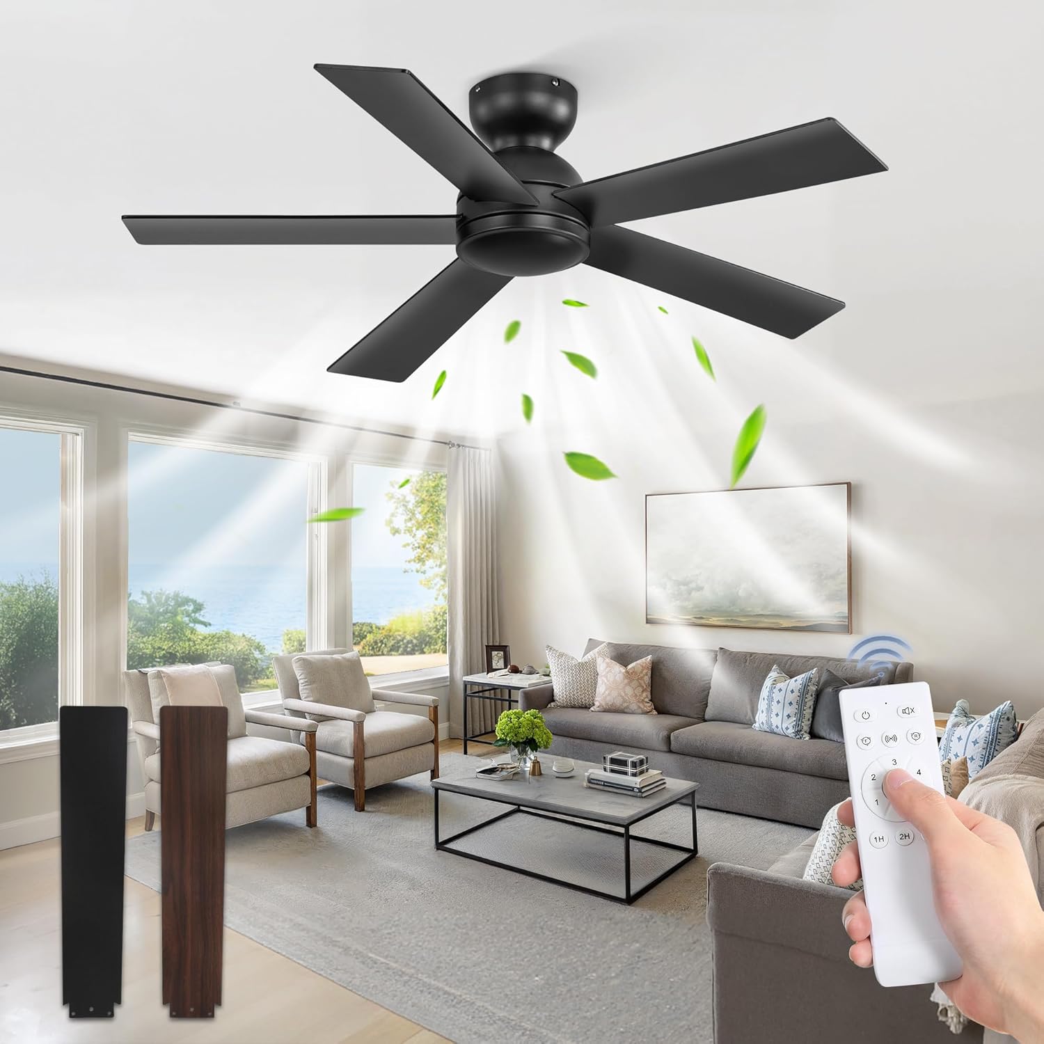 42 Inch Flush Mount Ceiling Fan with Remote Control for Home