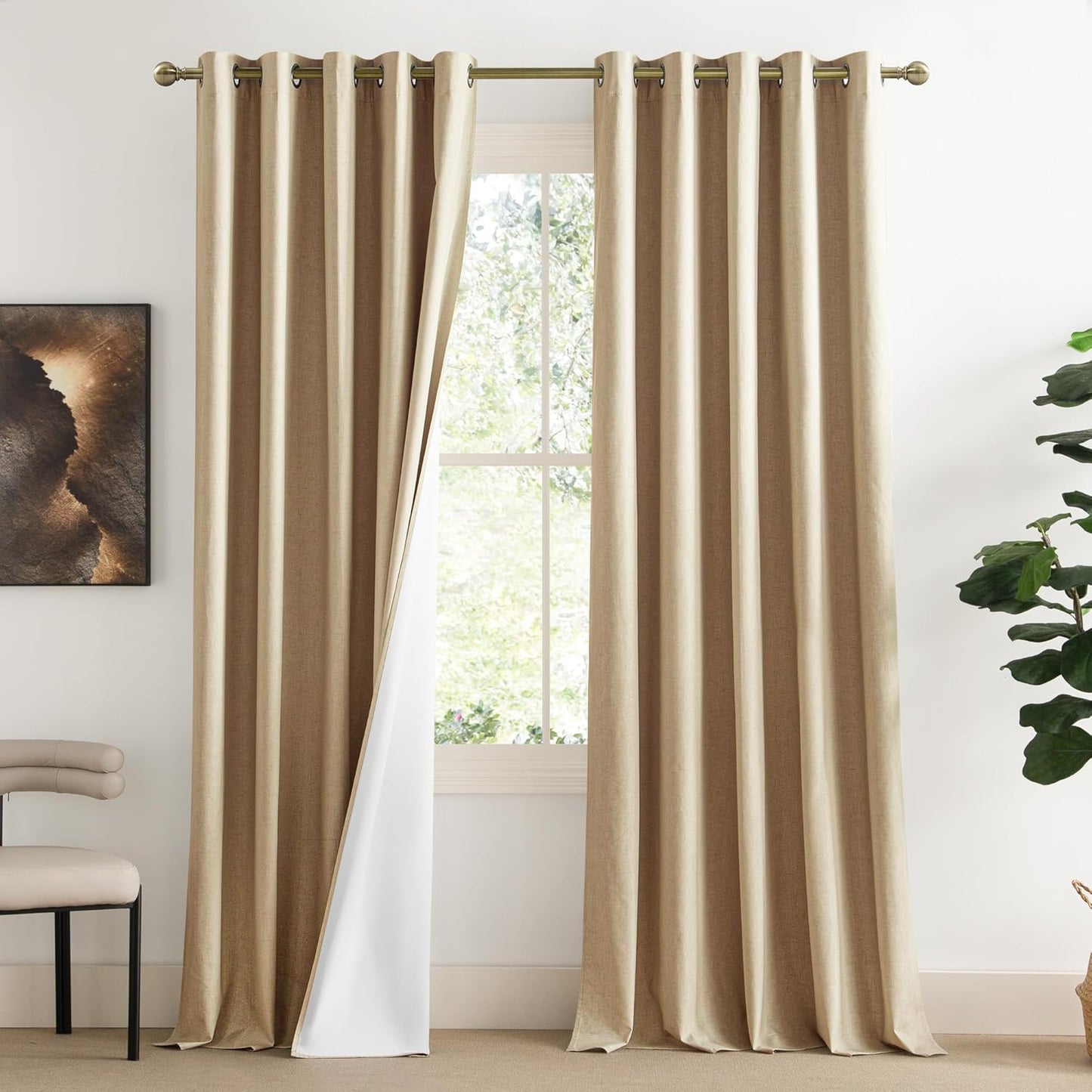 NICETOWN 100% Blackout Camel Linen Curtains for Farmhouse Style