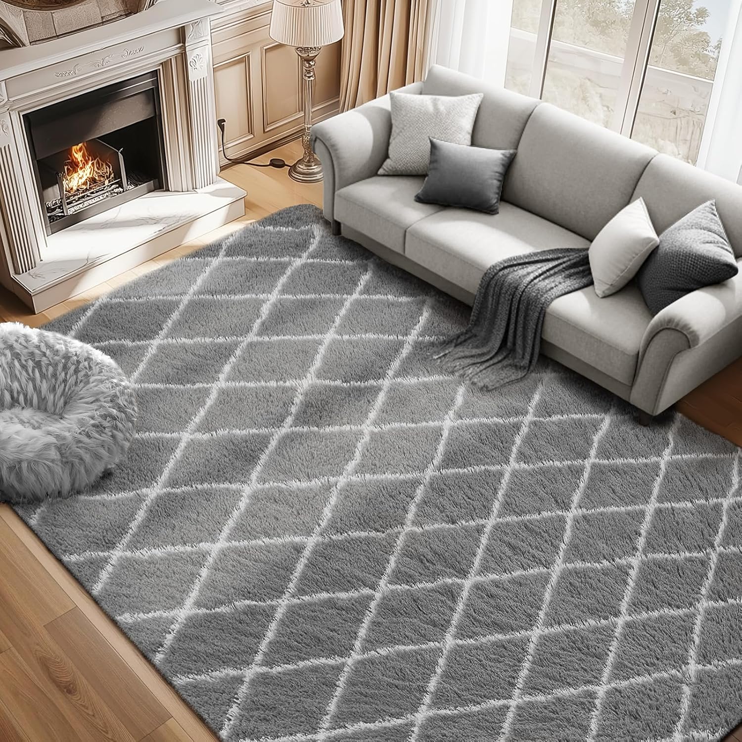 Fluffy Rug for Bedroom, 8X10Feet Stripe Checkered Design