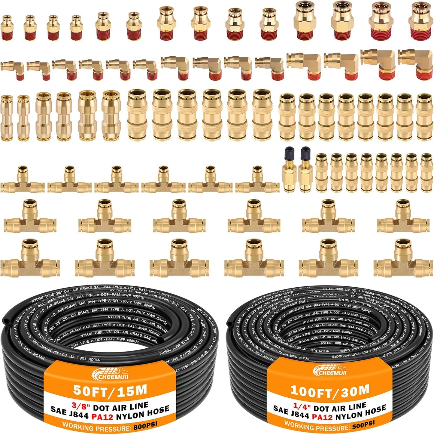 76 PCS Brass DOT Air Line Fittings with 100FT and 50FT Tubing