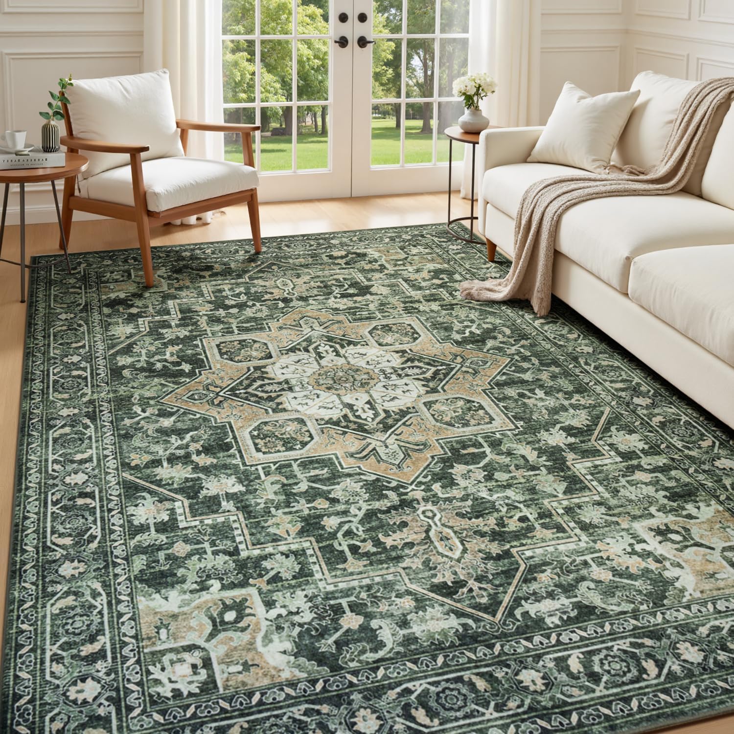5x7 Washable Area Rugs for Living Room - Soft Green Boho Style