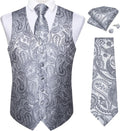 Mens Silver Paisley Vest and Tie Set - Silk Waistcoat Ensemble