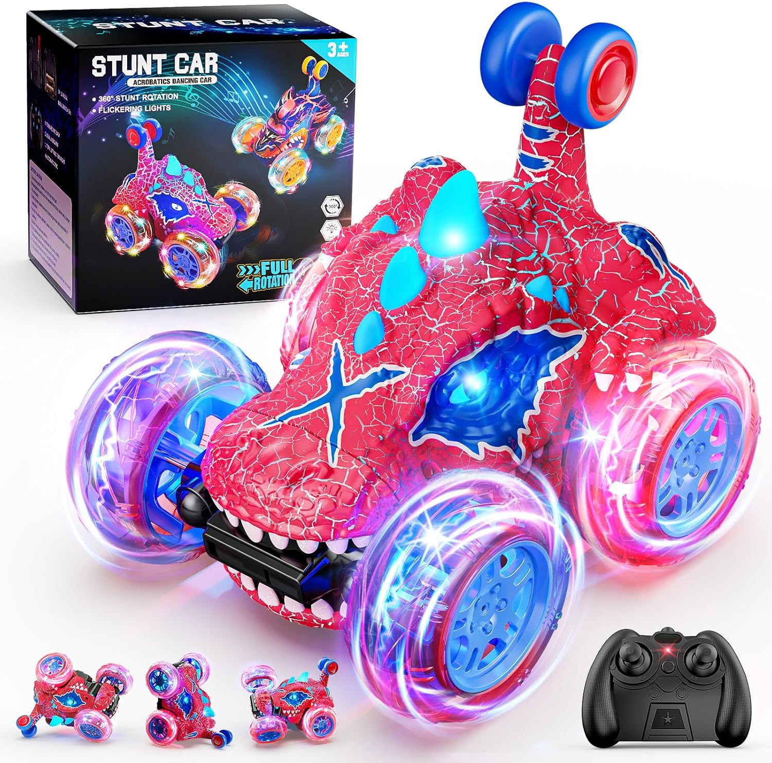 360 Stunt RC Dinosaur Car - Lights, 2.4GHz, Double-Sided - Ages 3-6