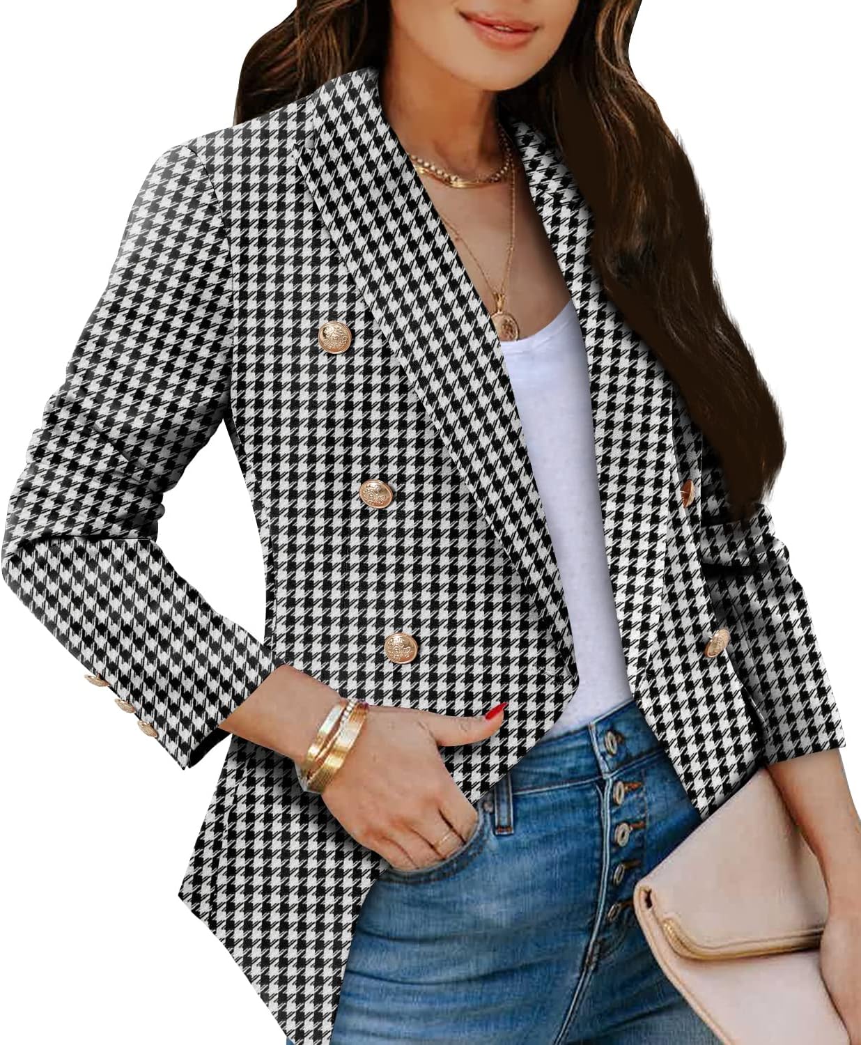 CRAZY GRID Womens Casual Blazer Jacket with Gold Buttons