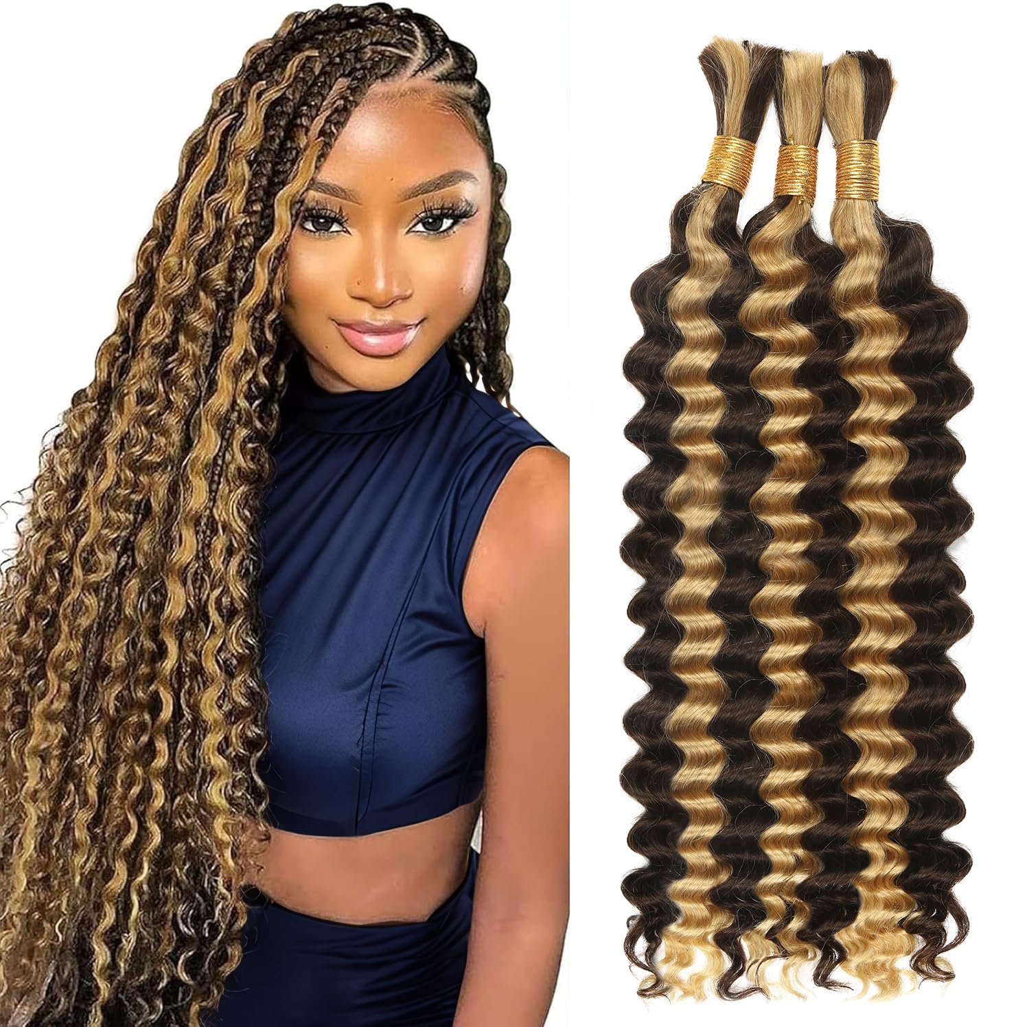 Human Braiding Hair for Boho Braids, 24 inch Highlight Waves