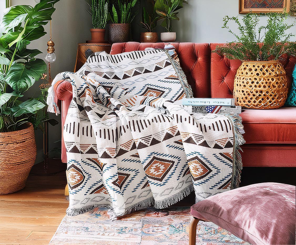 Lqprom Boho Throw Blanket with Tassels for All Seasons Use