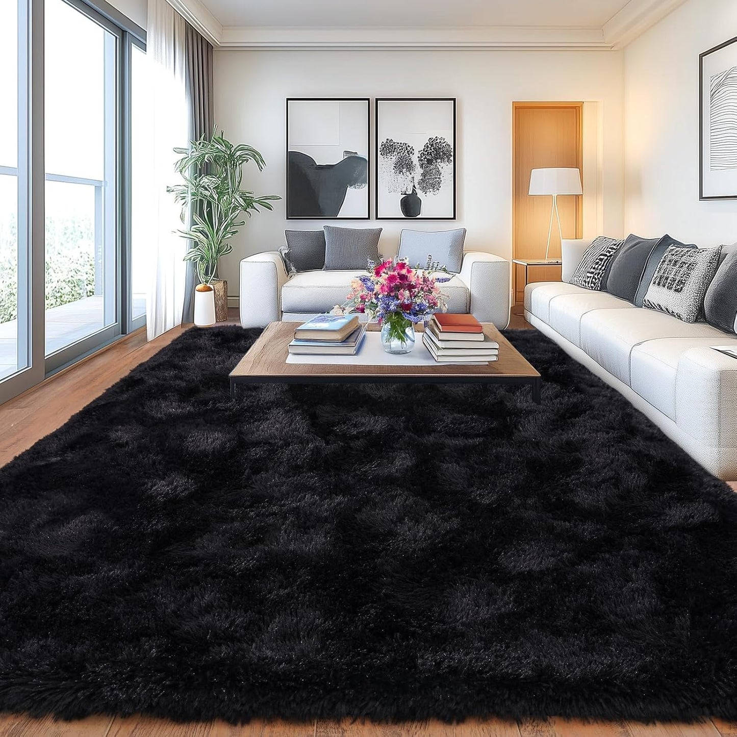 Large Fuzzy Rug 8x10 Feet Black Fluffy Rug for Living Room