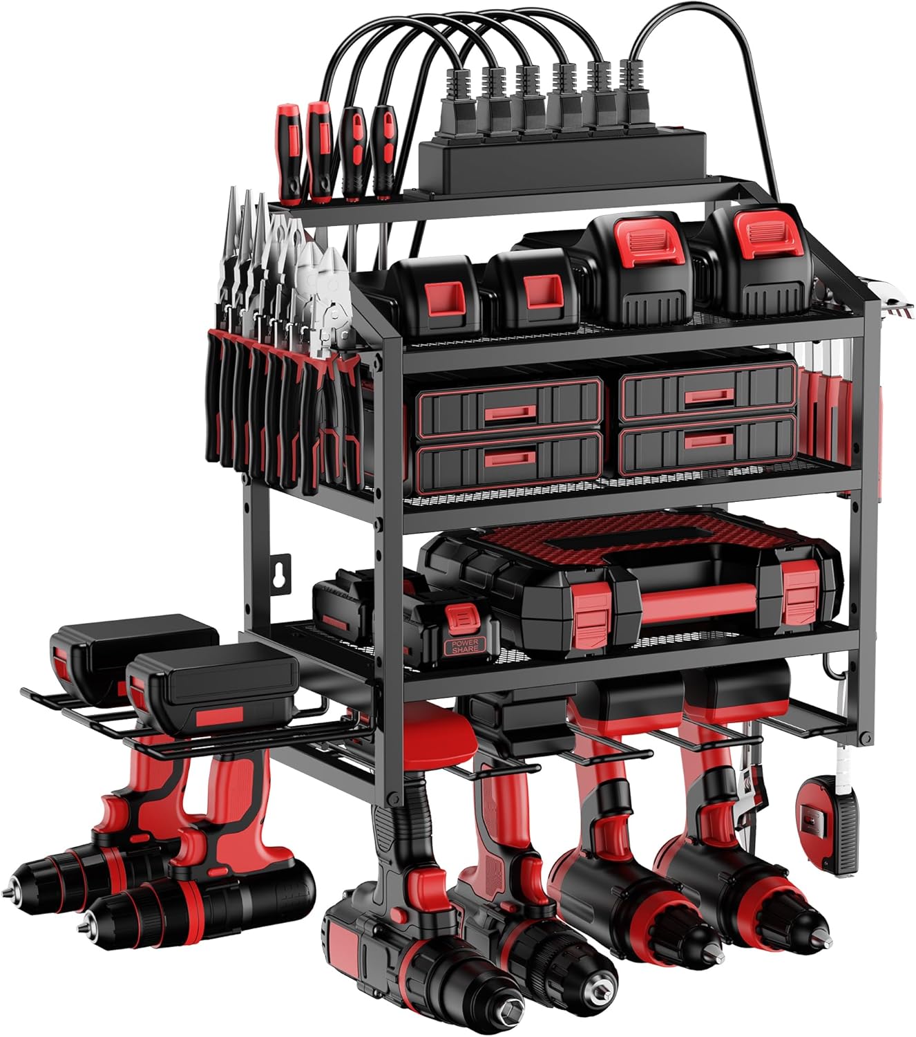 Garage Tool Organizer Wall Mount | Charging Station & 6-Outlet Power Strip