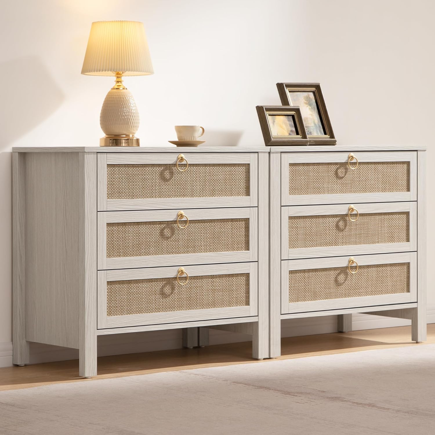 SICOTAS White Nightstand Set 2 with Drawers for Boho Style