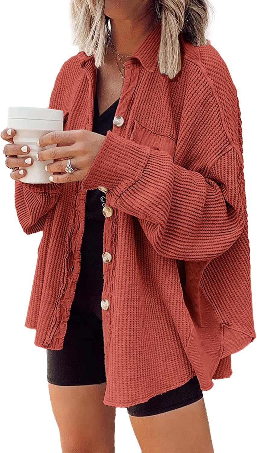 Waffle Knit Shacket for Women - Lightweight Oversized Jacket