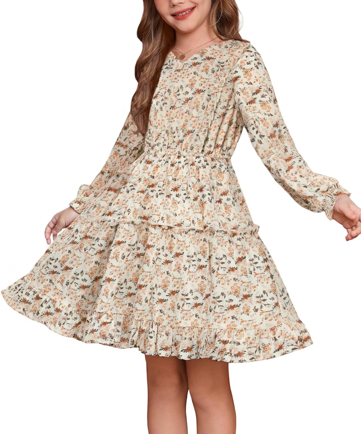 Girls V-Neck Floral Dresses for Casual Fall Winter Outings