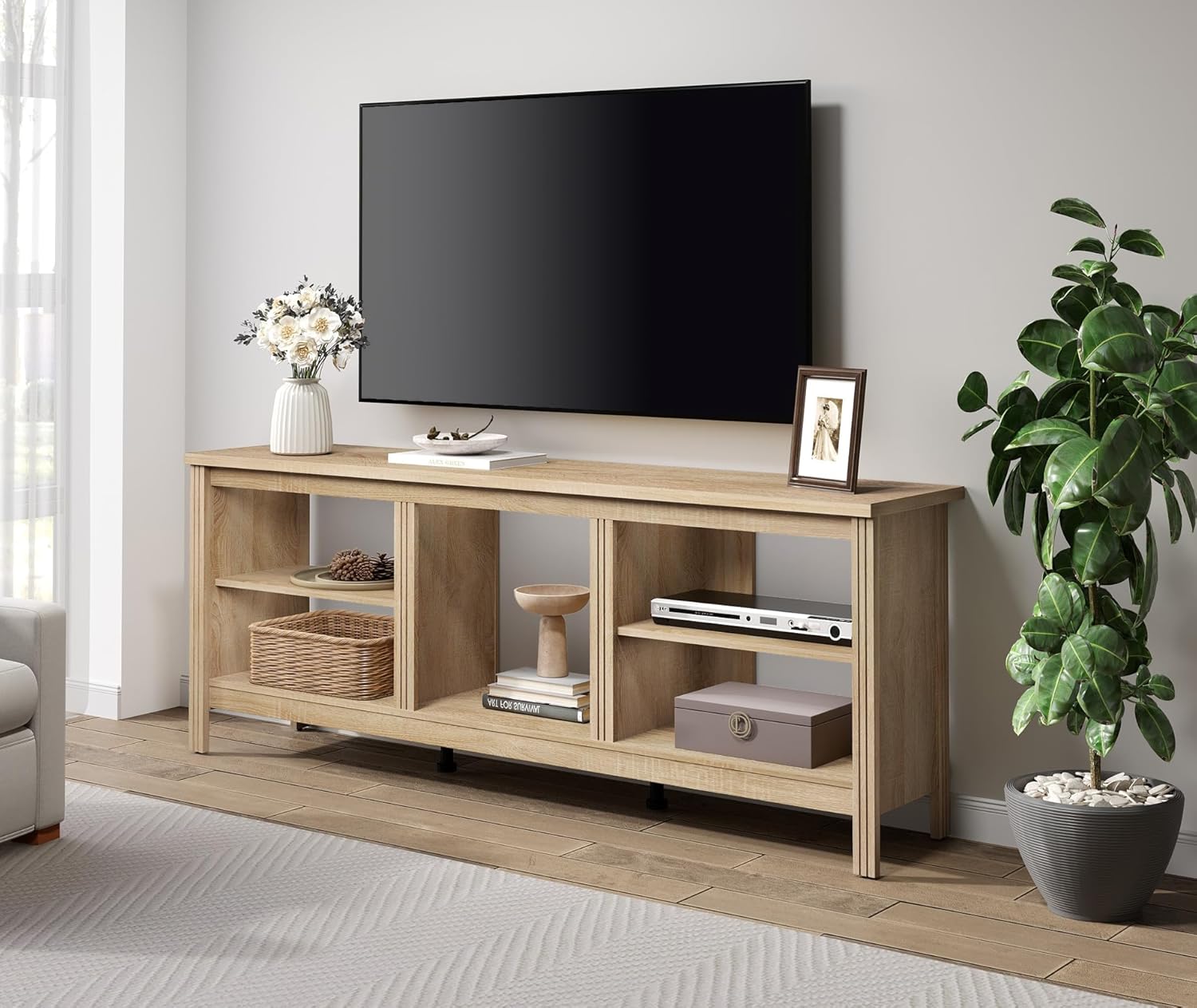 Rustic Oak TV Stand: 75 Inch TV Console with 5 Cubbies