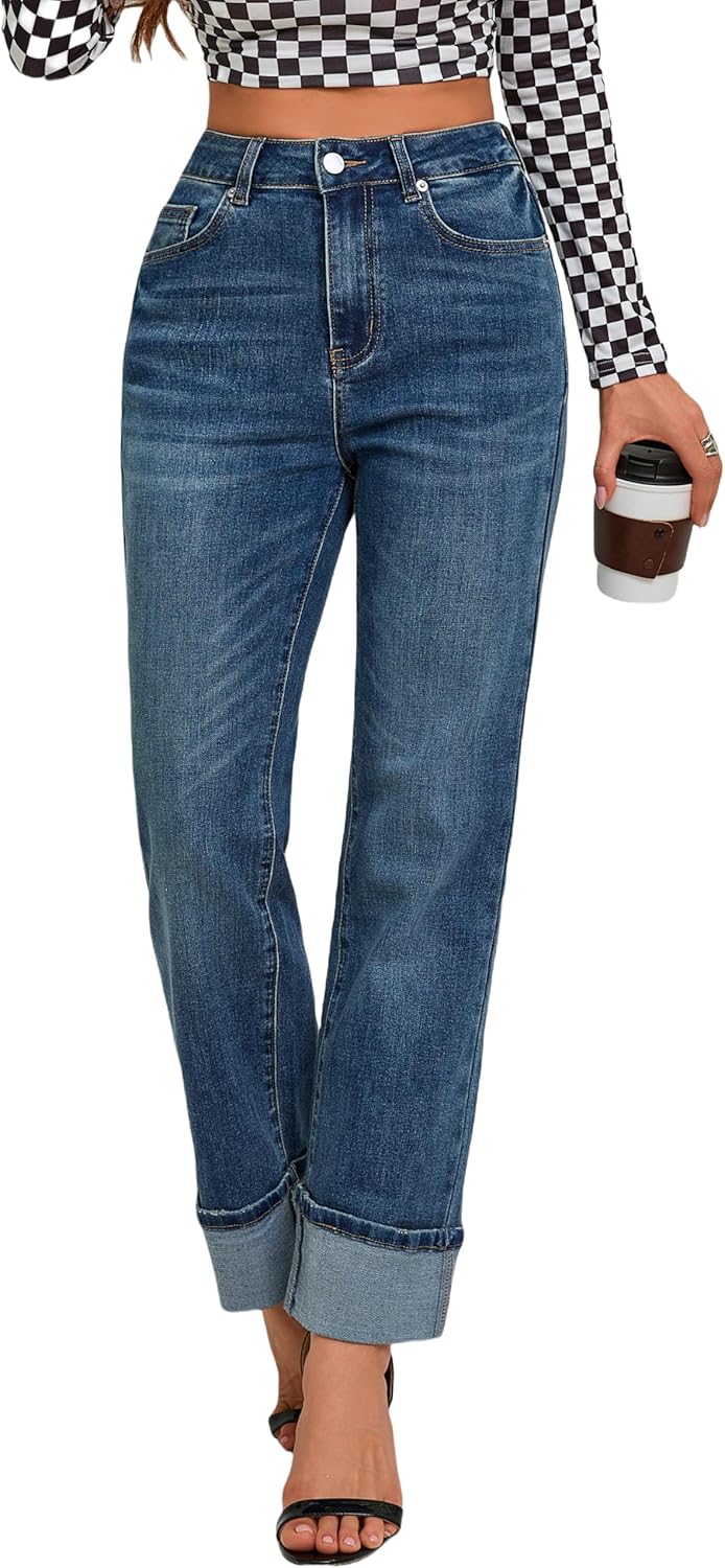 Womens High Waisted Stretchy Straight Leg Jeans for Tummy Control