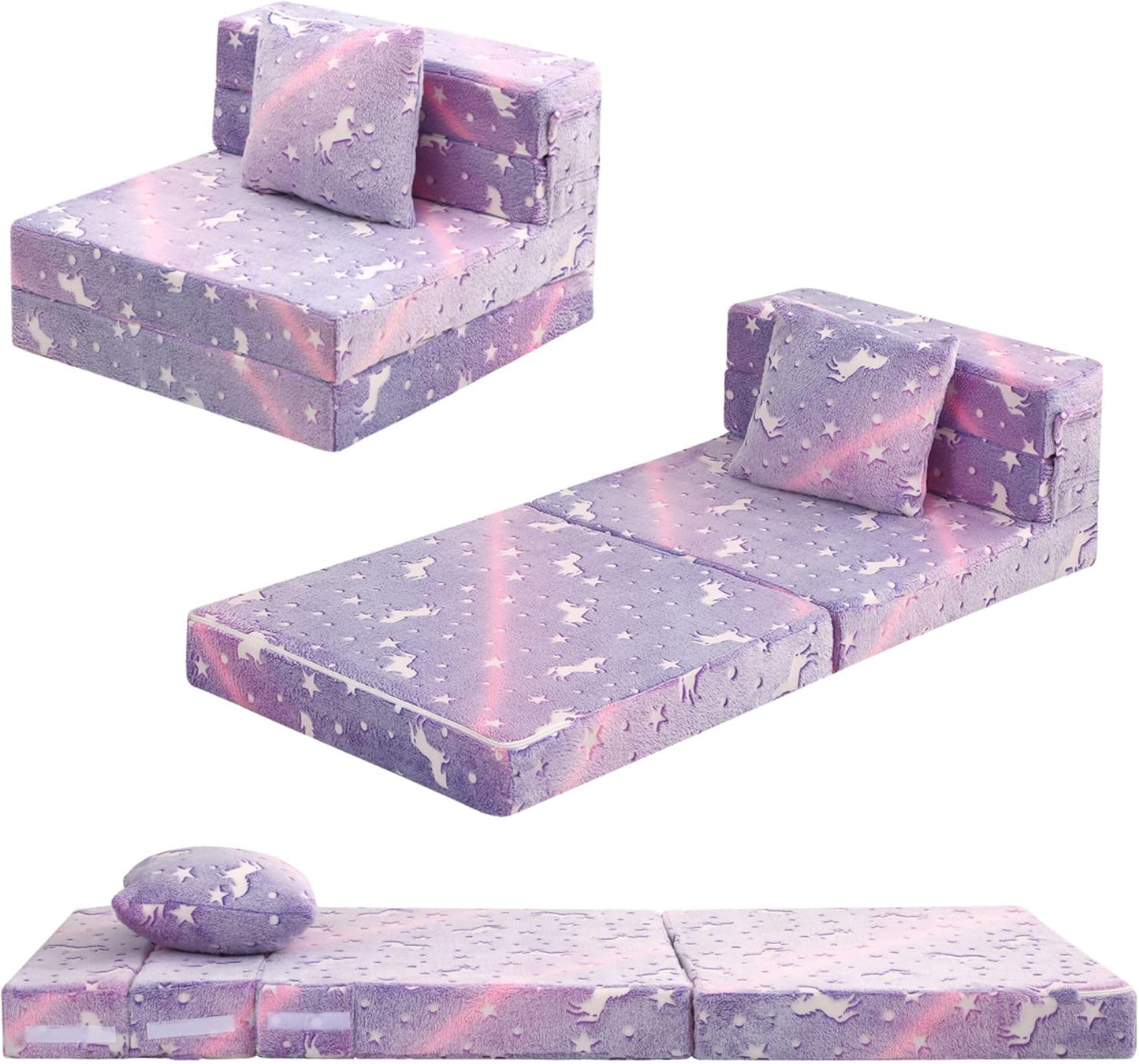 MeMoreCool Foldable Futon Chair Bed for Kids, Glow Tri-Fold Sofa