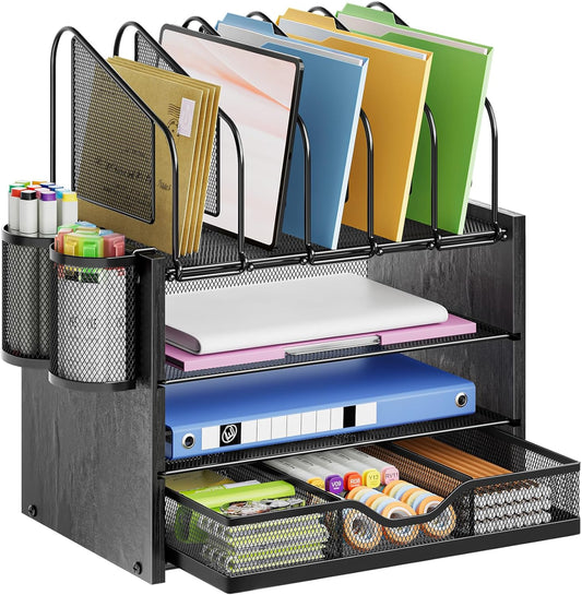 Marbrasse Desk Organizer with Drawer: 4-Tier File Holder