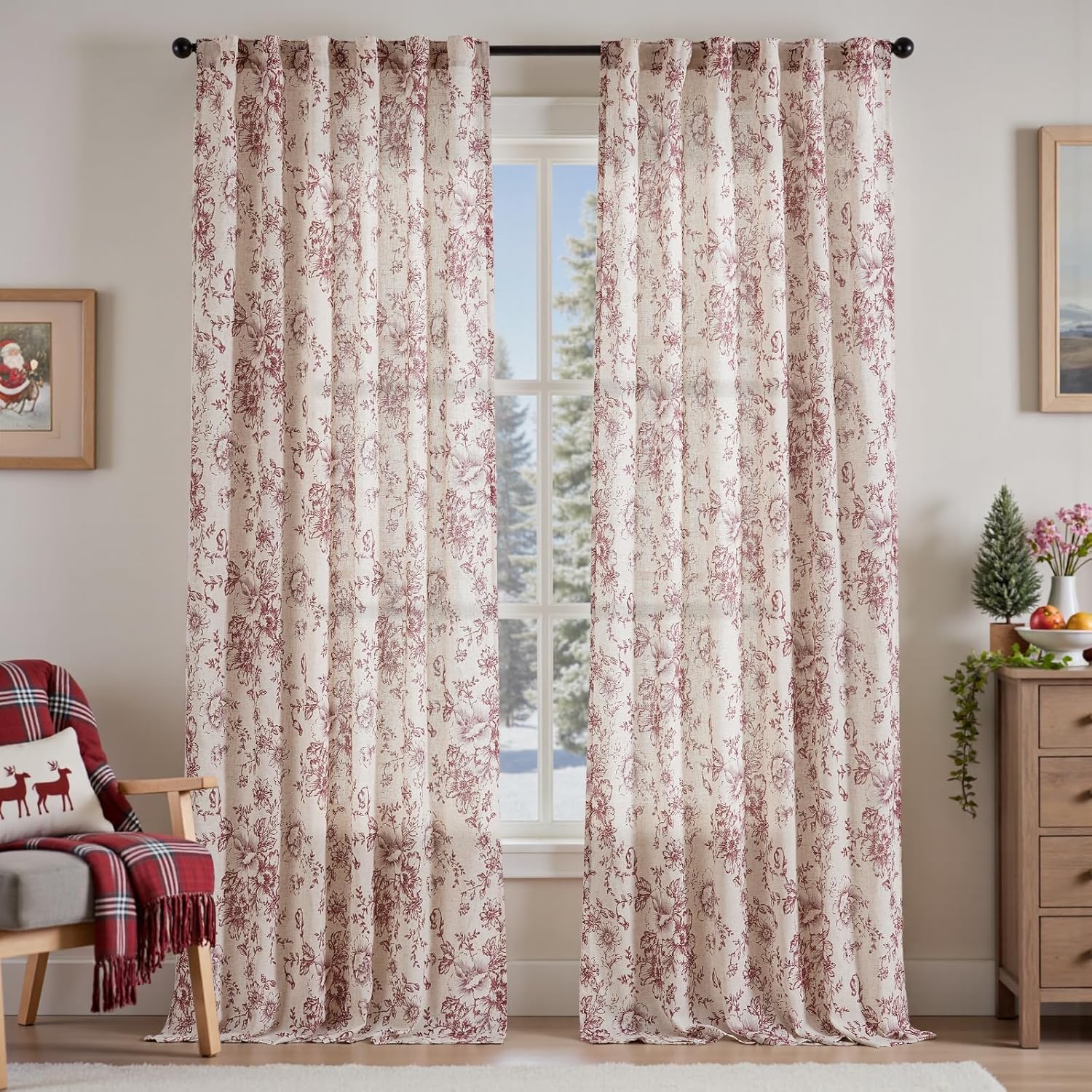 Floral Linen Blend Curtains for Living Room 96 Inch Length
