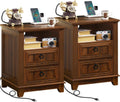 18 in Farmhouse Night Stands Set of 2 with Charging Station - Brown