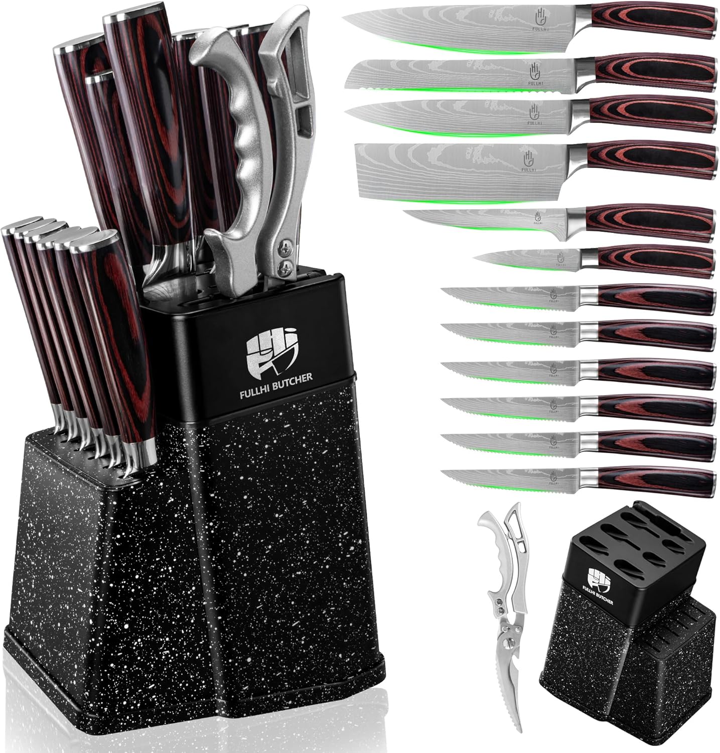 FULLHI 14pcs Block Knife Set with Multi-colour Handles for Kitchen