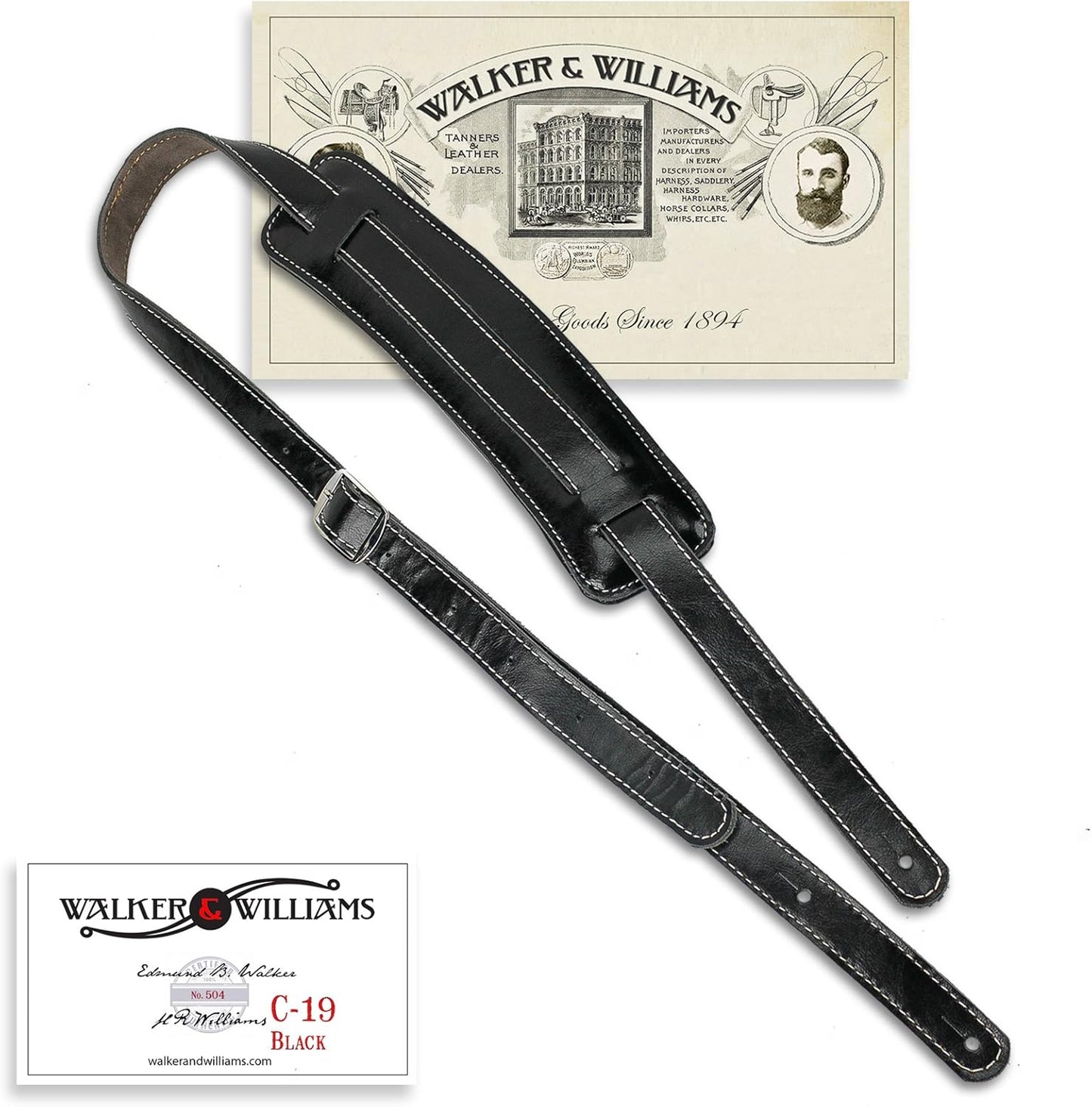 Walker & Williams C-19 Classic Black Vintage Style Guitar Strap