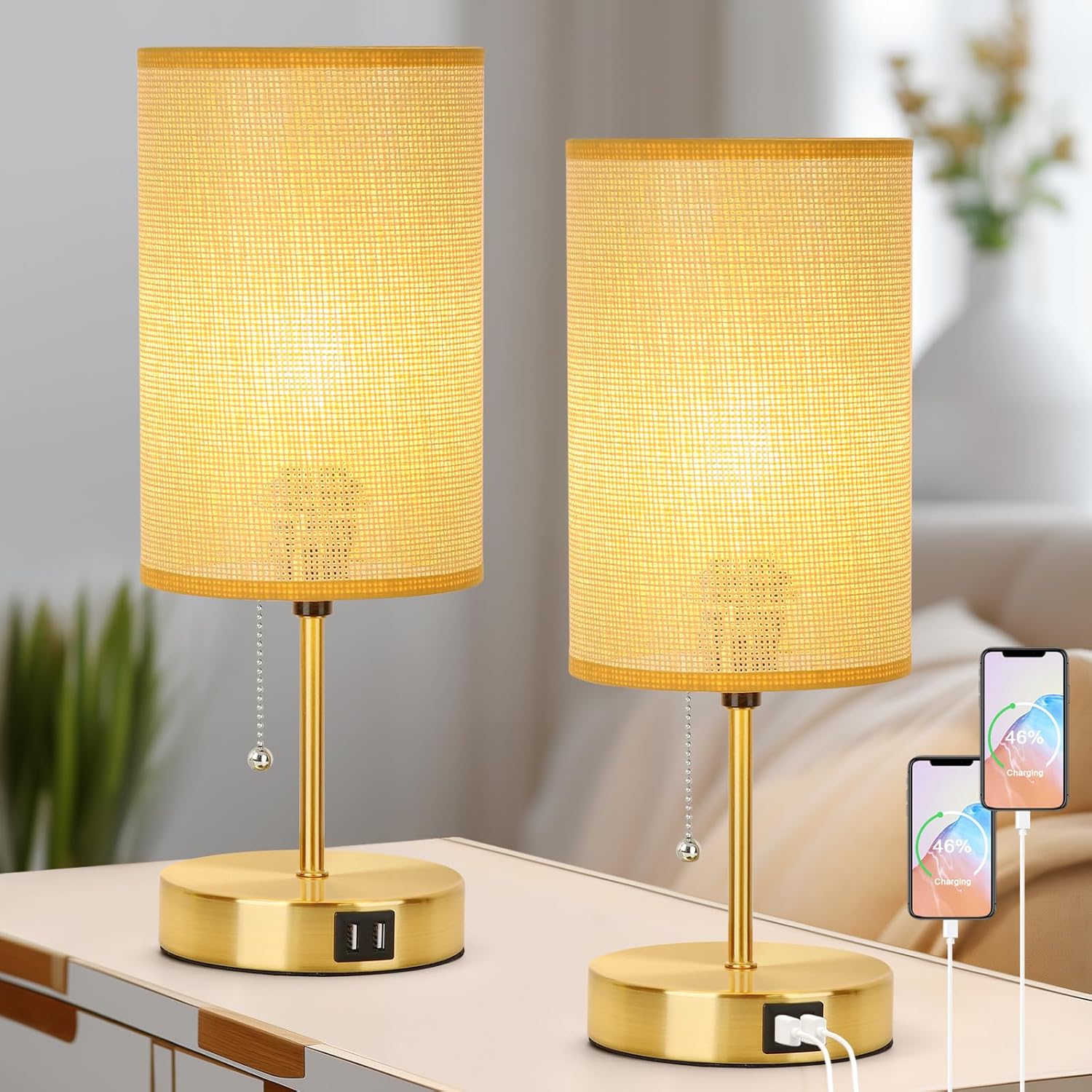 Set of 2 Vintage Bedside Lamps with USB for Modern Homes