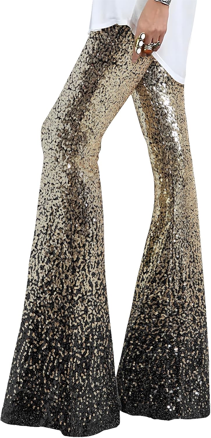 EVALESS Women Sequin Pants Sparkly Glitter High Waisted Flare