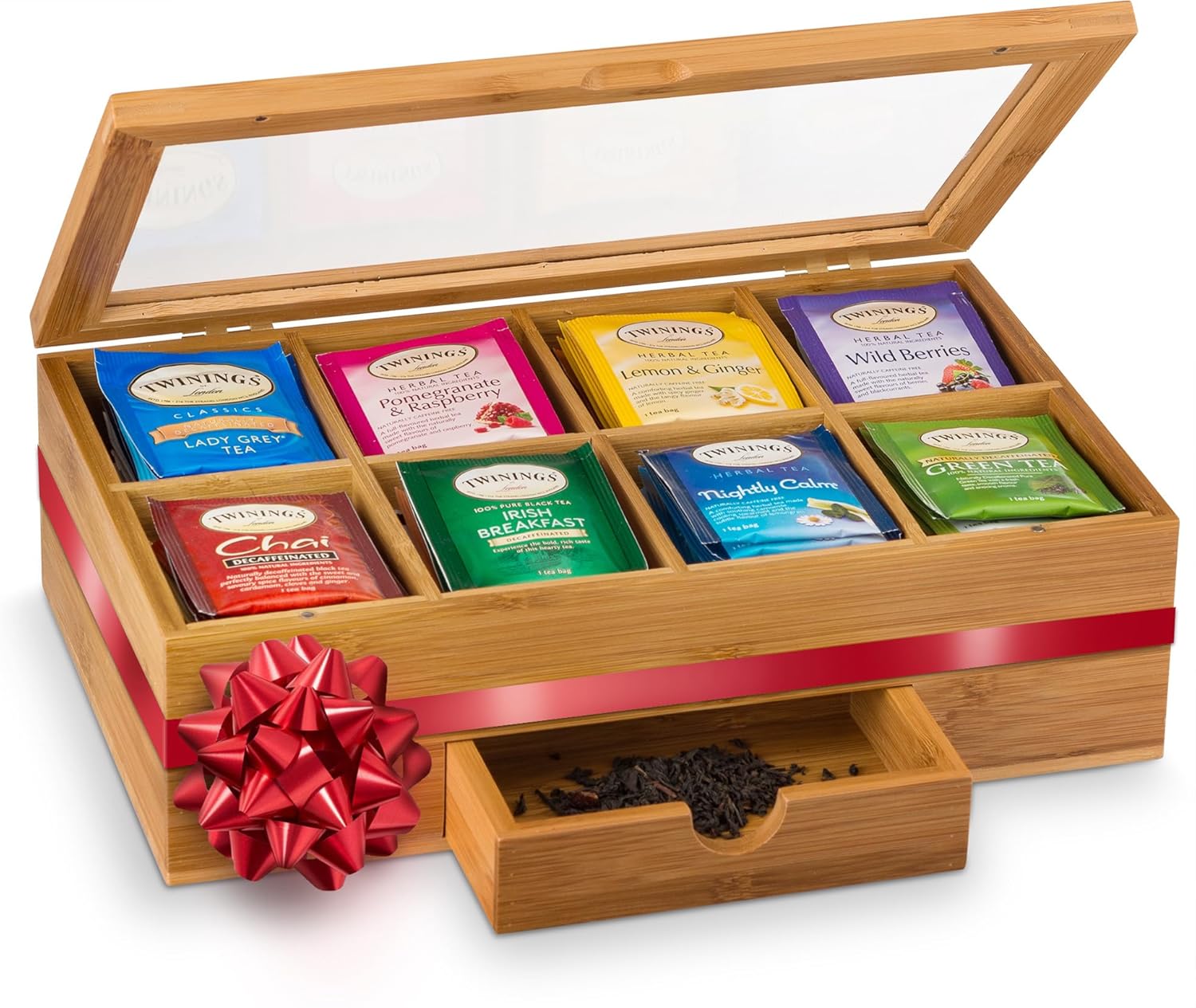 Bamboo Tea Bag Organizer with Drawer & Acrylic Window for Freshness