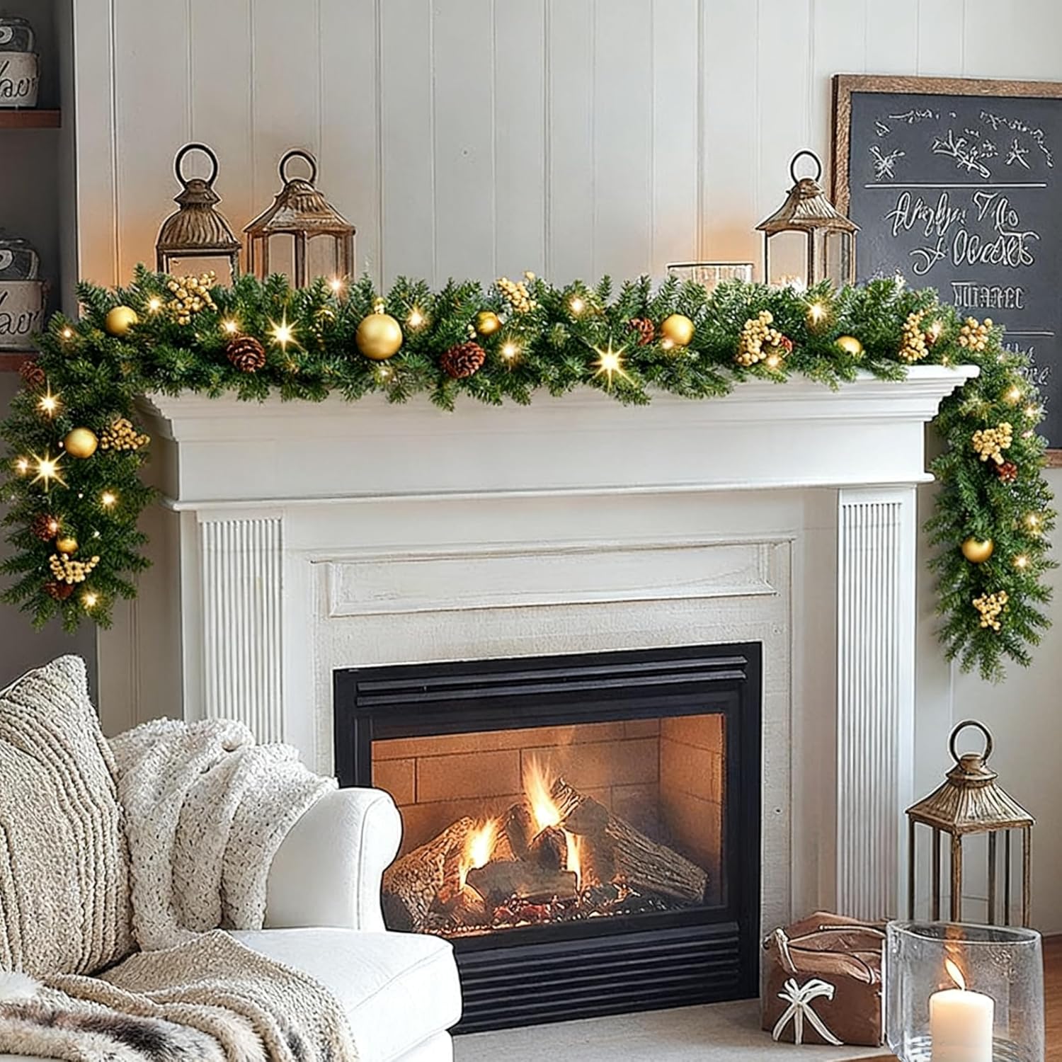 9FT Pre-Lit Gold Christmas Garland with LED Lights & Ornaments