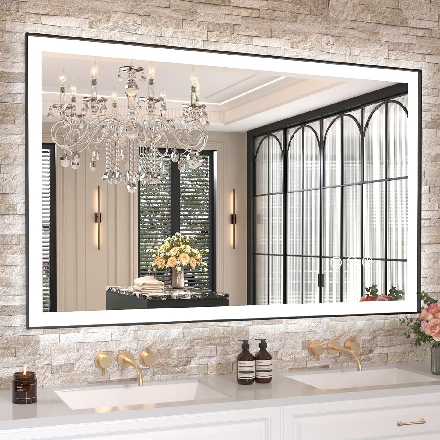 48 X30 LED Bathroom Mirror with Black Frame and Anti-Fog Feature