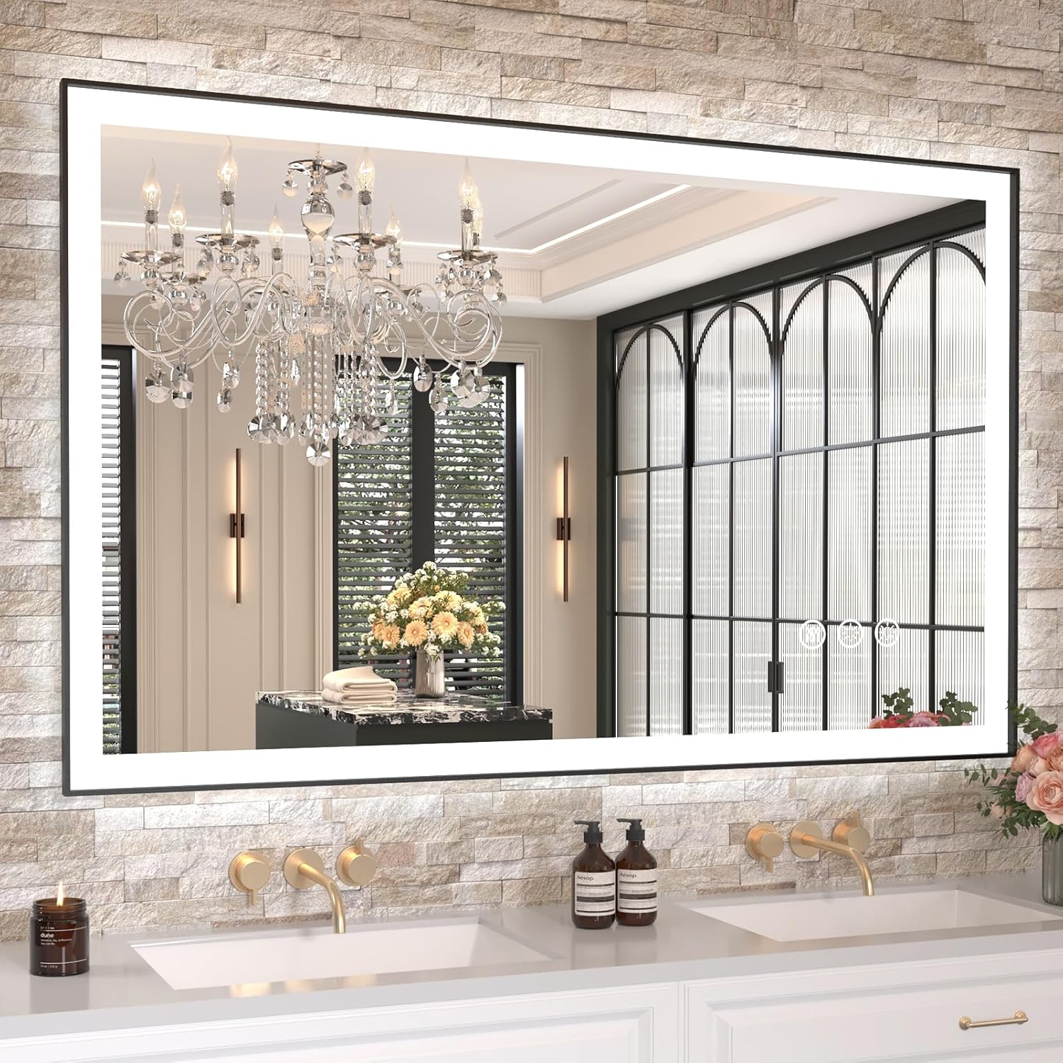 48 X30 LED Bathroom Mirror with Black Frame and Anti-Fog Feature