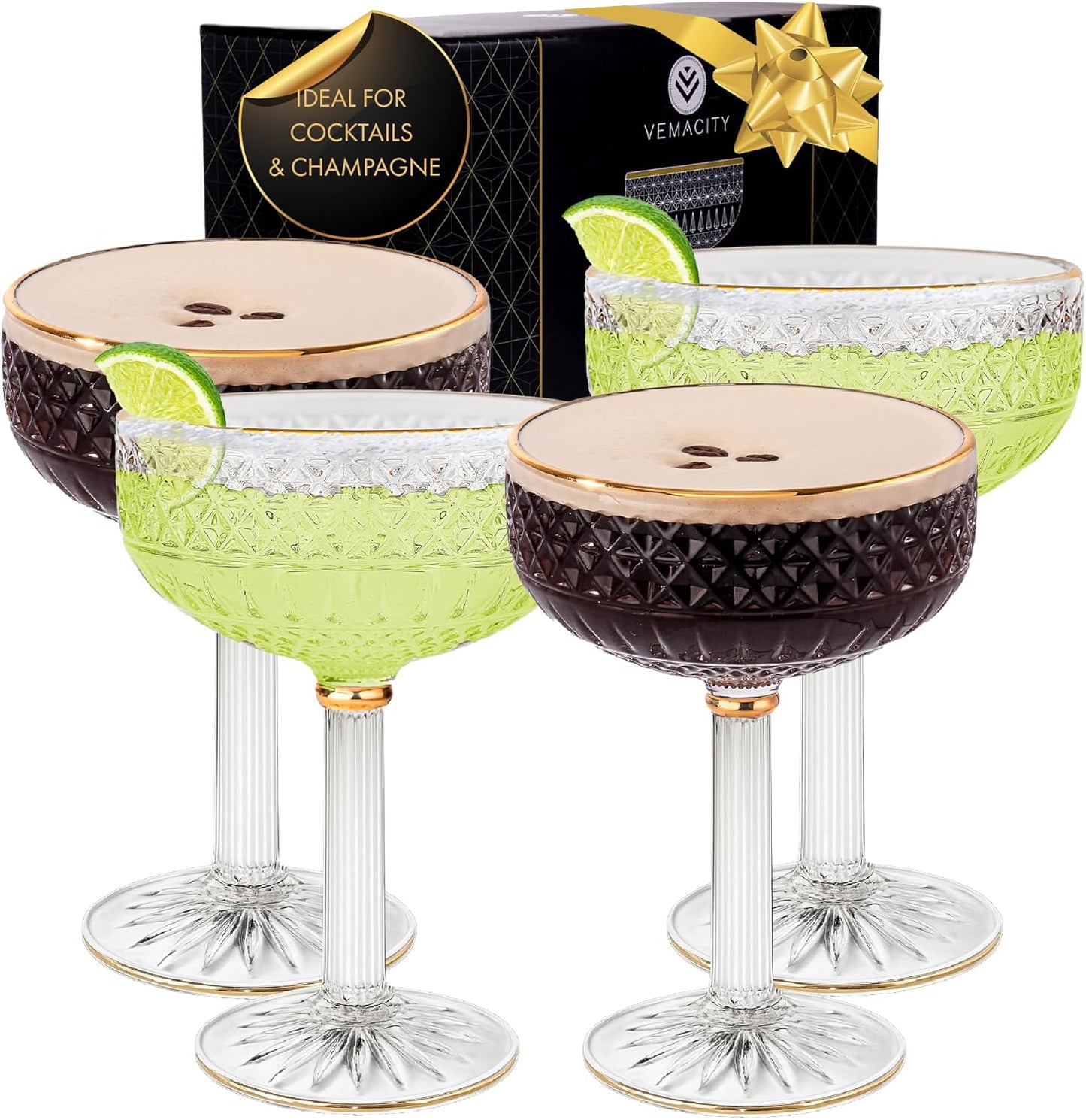 VEMACITY Embossed Coupe Glasses Set for Vintage Cocktails