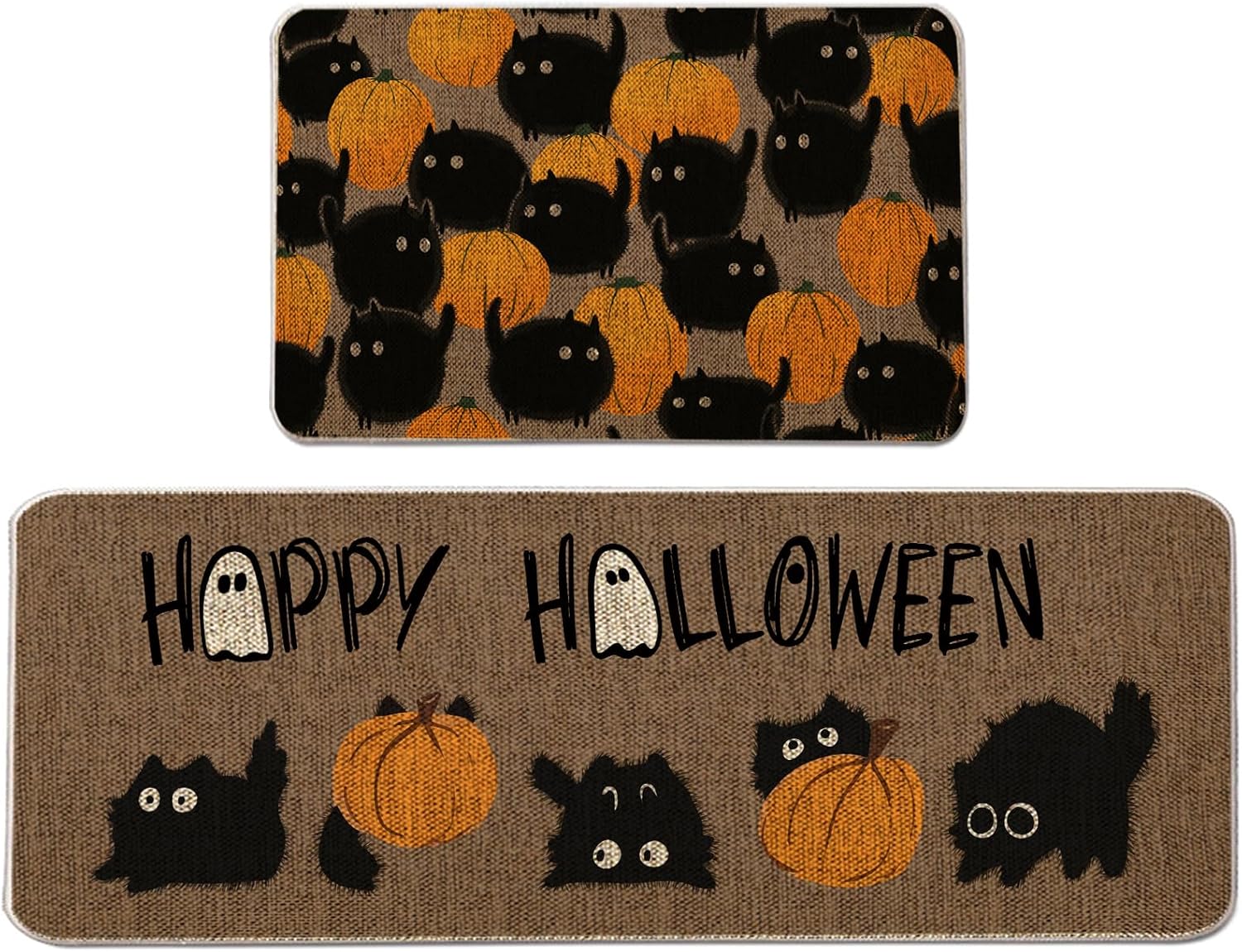 Halloween Kitchen Mat Set of 2 with Black Cat and Pumpkins