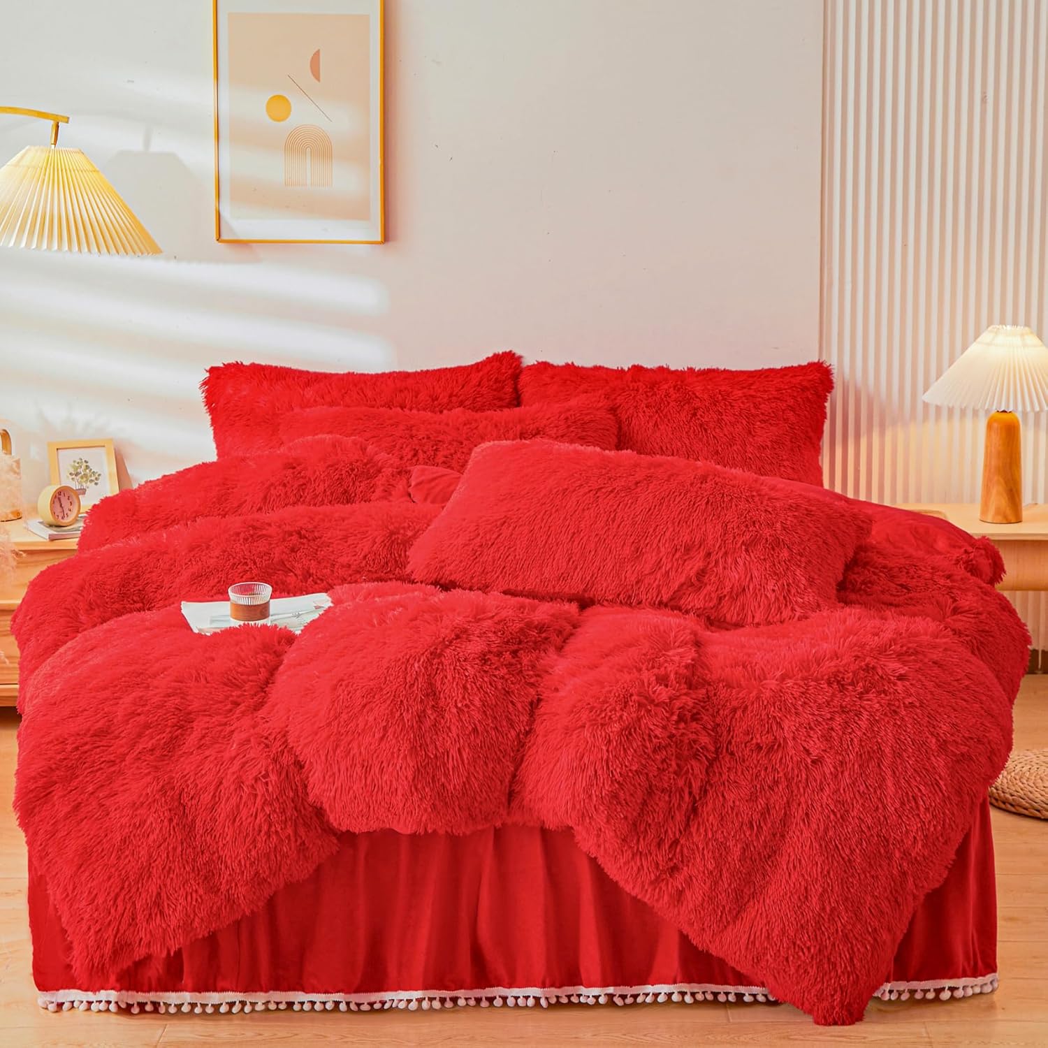 Fluffy Red Faux Fur Comforter Cover Queen Set for Cozy Nights