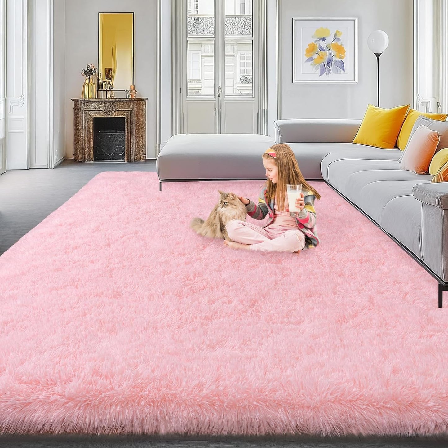 8x10 Area Rugs for Living Room, Soft Pink Fluffy Carpet Rug