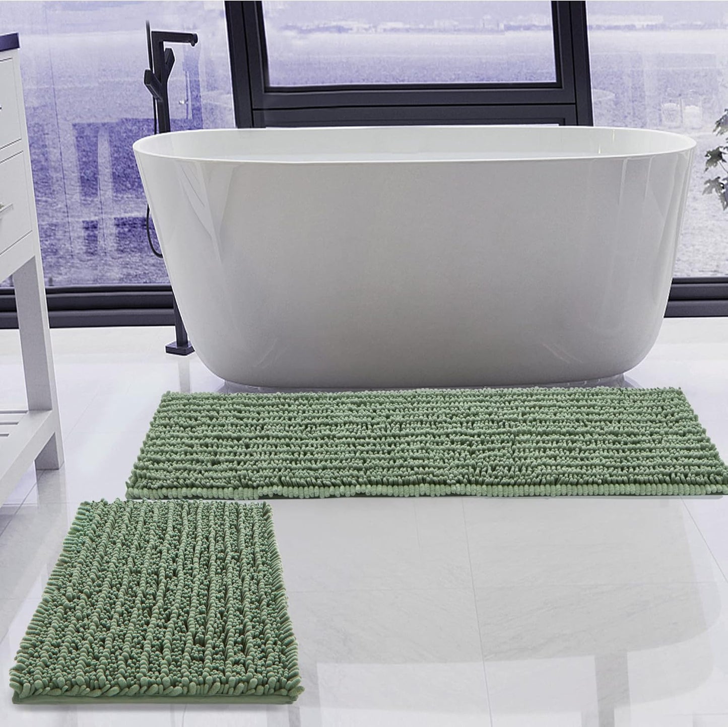 Luxury Chenille Sage Green Bathroom Rugs Set for Comfort & Safety