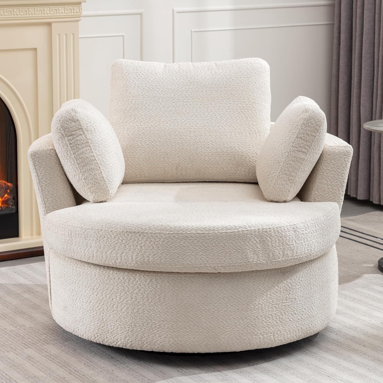 Cozy Oversized Swivel Barrel Chair - Beige Boucle
