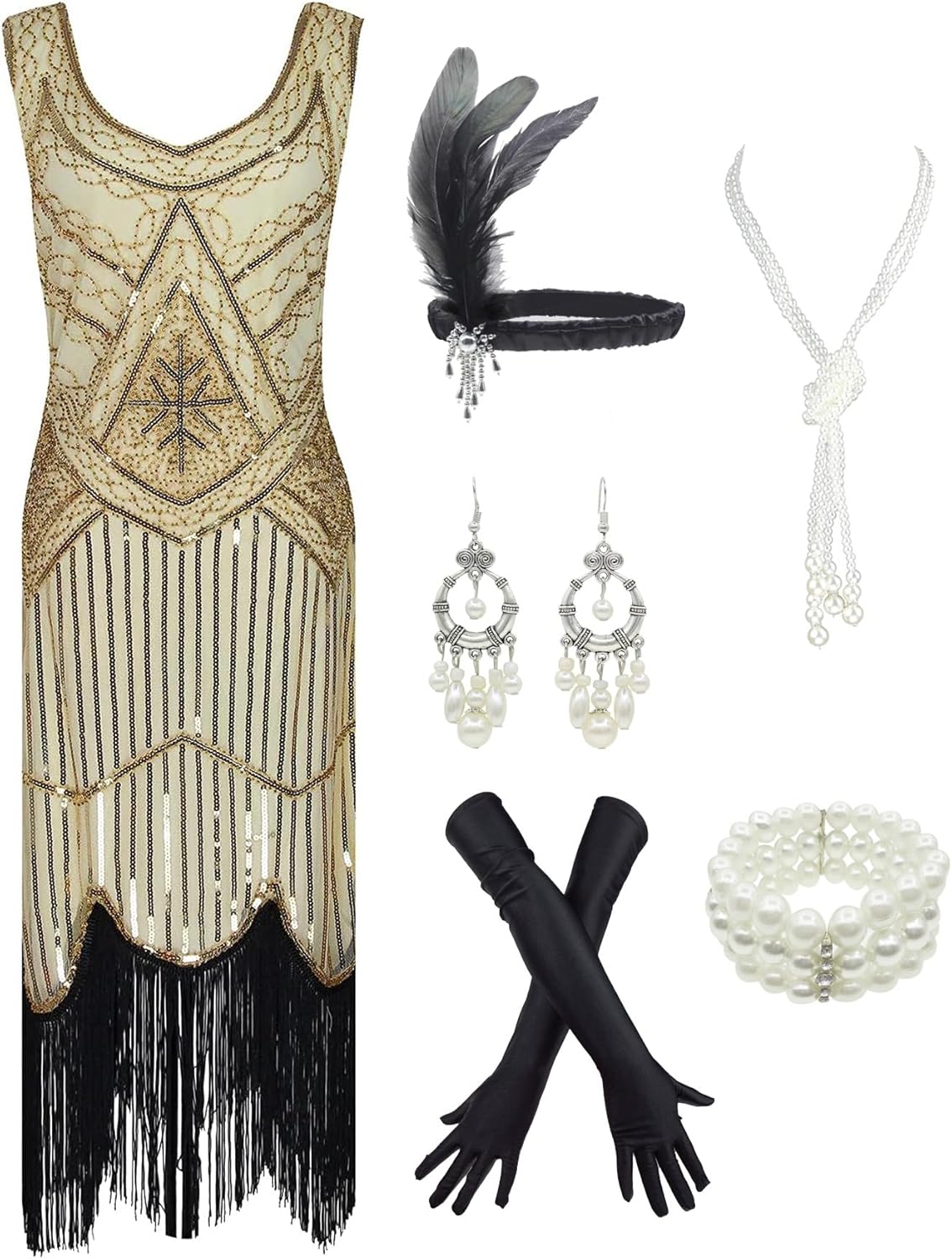 1920s Gatsby Sequin Fringed Flapper Dress with Accessories Set