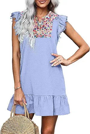 KIRUNDO Women's Mini Dress Casual V Neck Floral Embroidered Ruffle