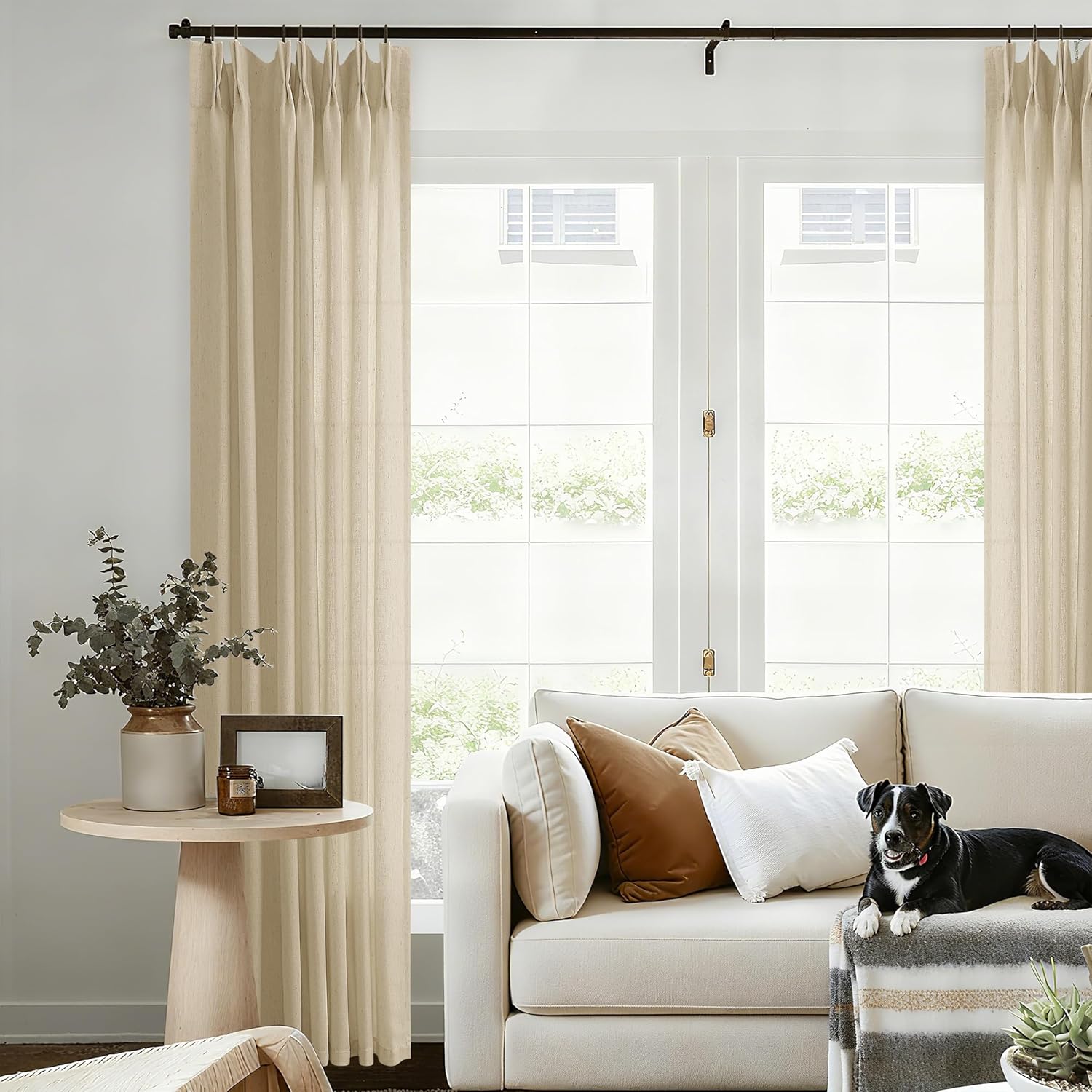 105 Inch Long Linen Pinch Pleated Light Filtering Curtains