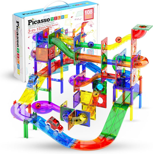 PicassoTiles 108pc Magnetic Building Block Marble Run Set