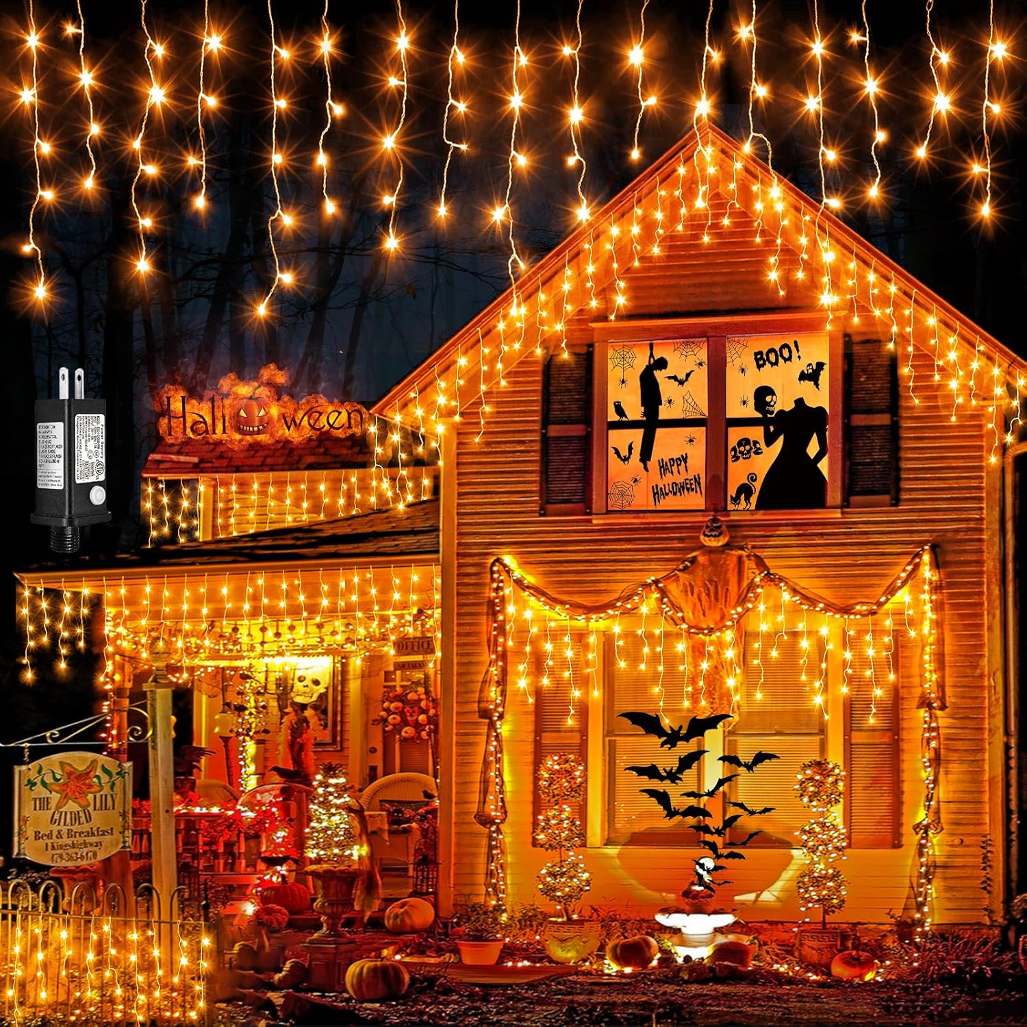 Orange Halloween Lights Outdoor 66ft 640 LED Icicle String Lights