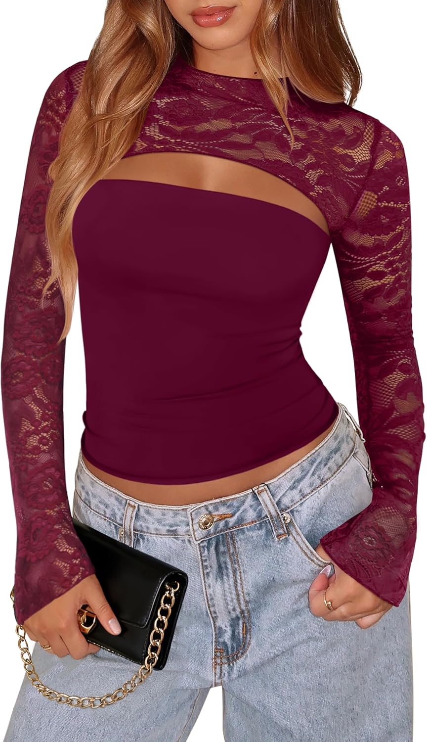 Xuiqx Women's Lace Long Sleeve Going Out Tops for Night Out