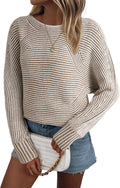 EVALESS Striped Boat Neck Batwing Sweater - Cozy Oversized Pullover