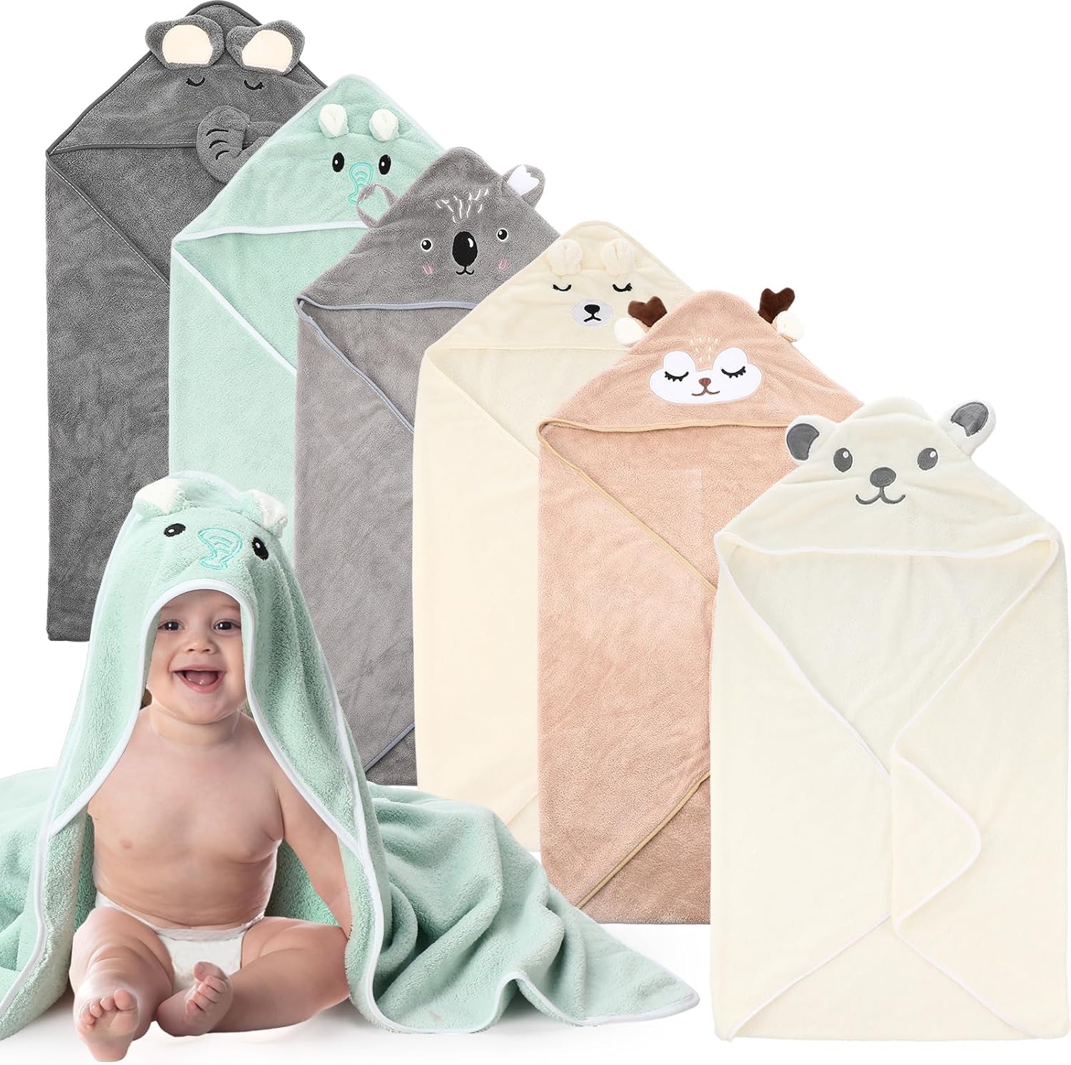 6 Pack Baby Bath Towels Set for Newborns - Soft Hooded Towels
