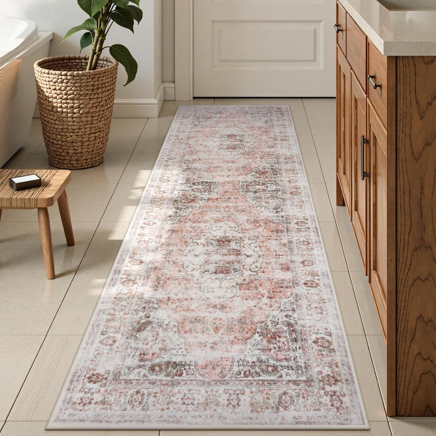 Uphome Bathroom Runner Rug, Distressed Tribal Blush Pink Mat